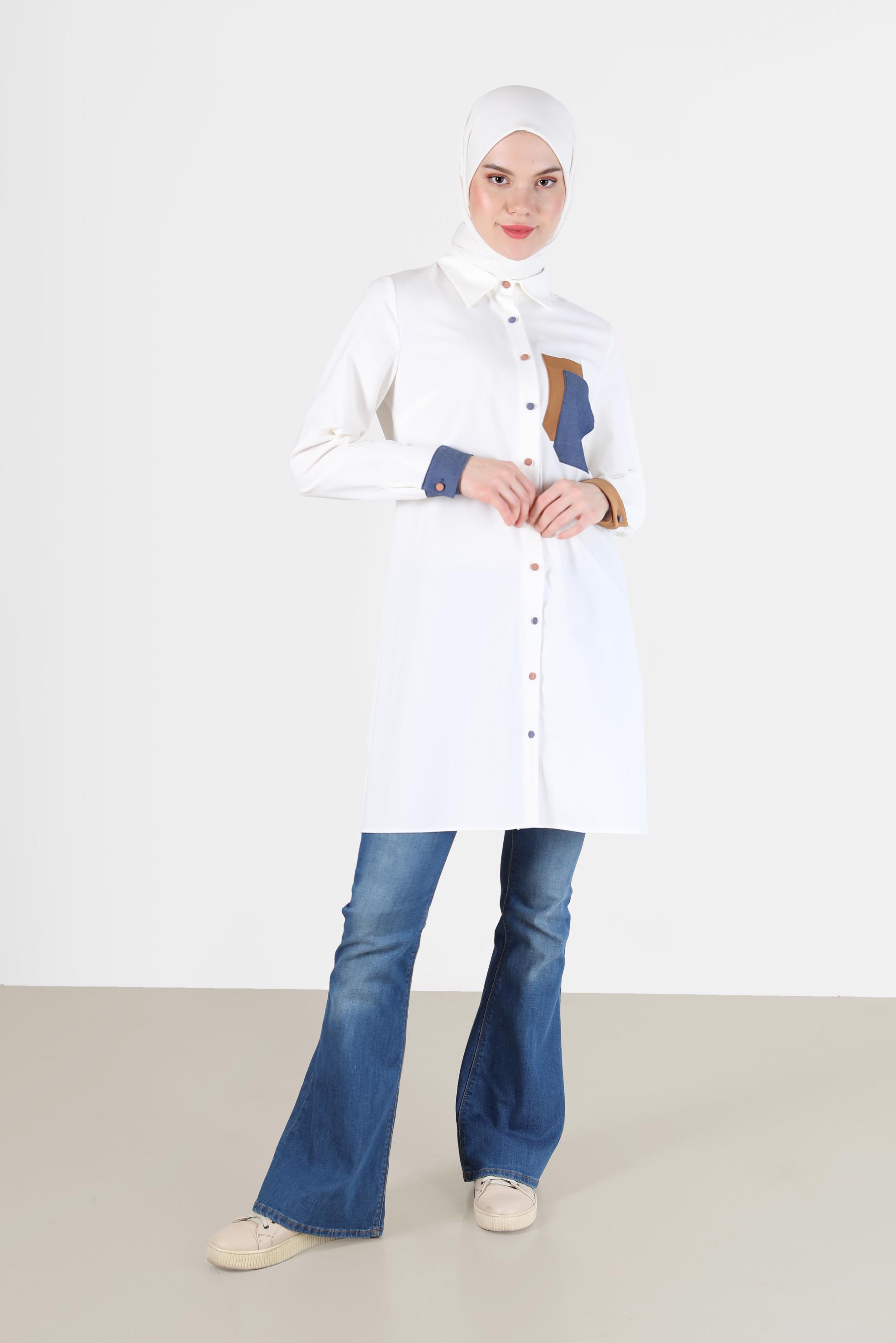 Tesettür giyim BEYAZ RENKLİ CEP VE DÜĞME DETAYLI TUNİK 42190 