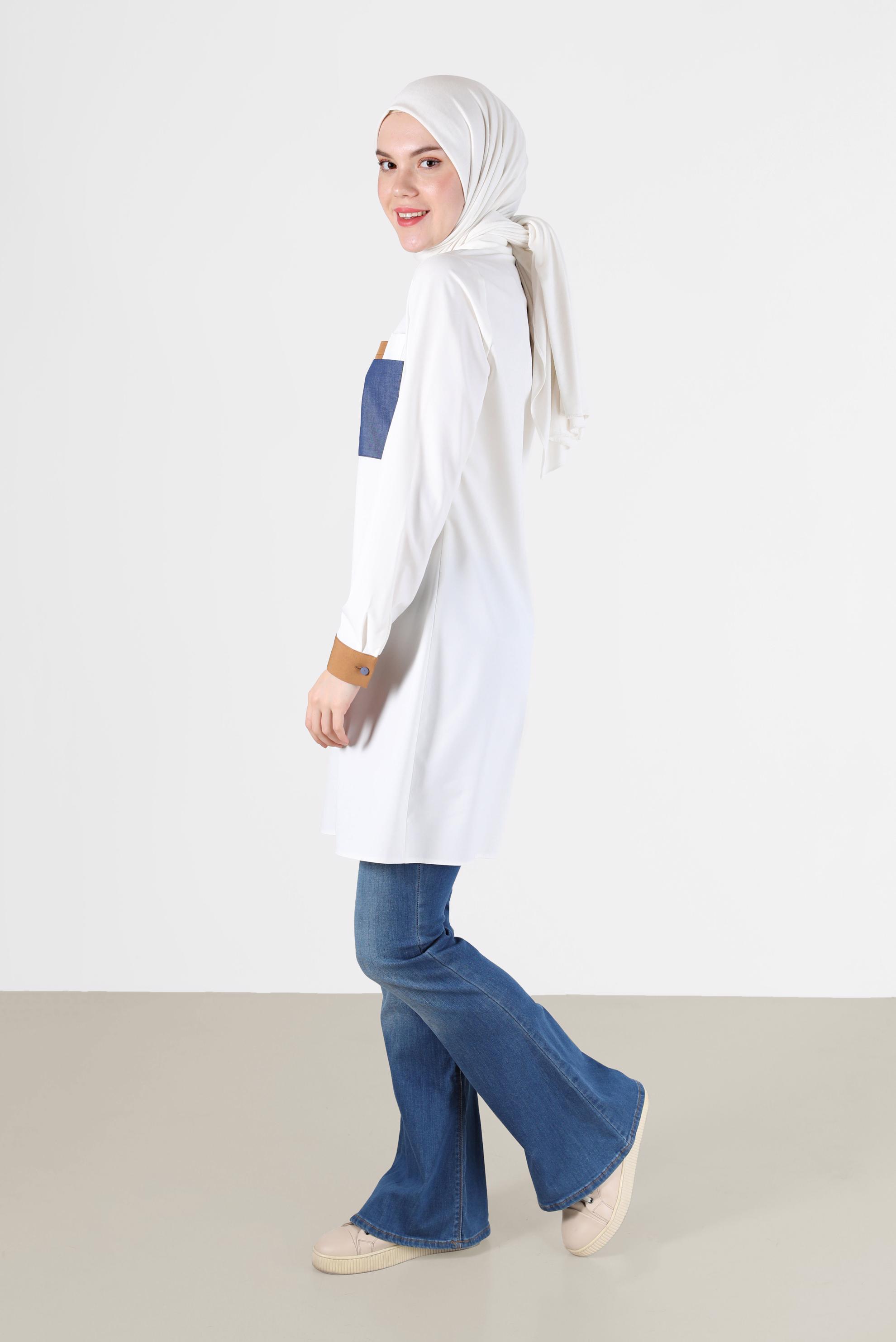 Tesettür giyim BEYAZ RENKLİ CEP VE DÜĞME DETAYLI TUNİK 42190 