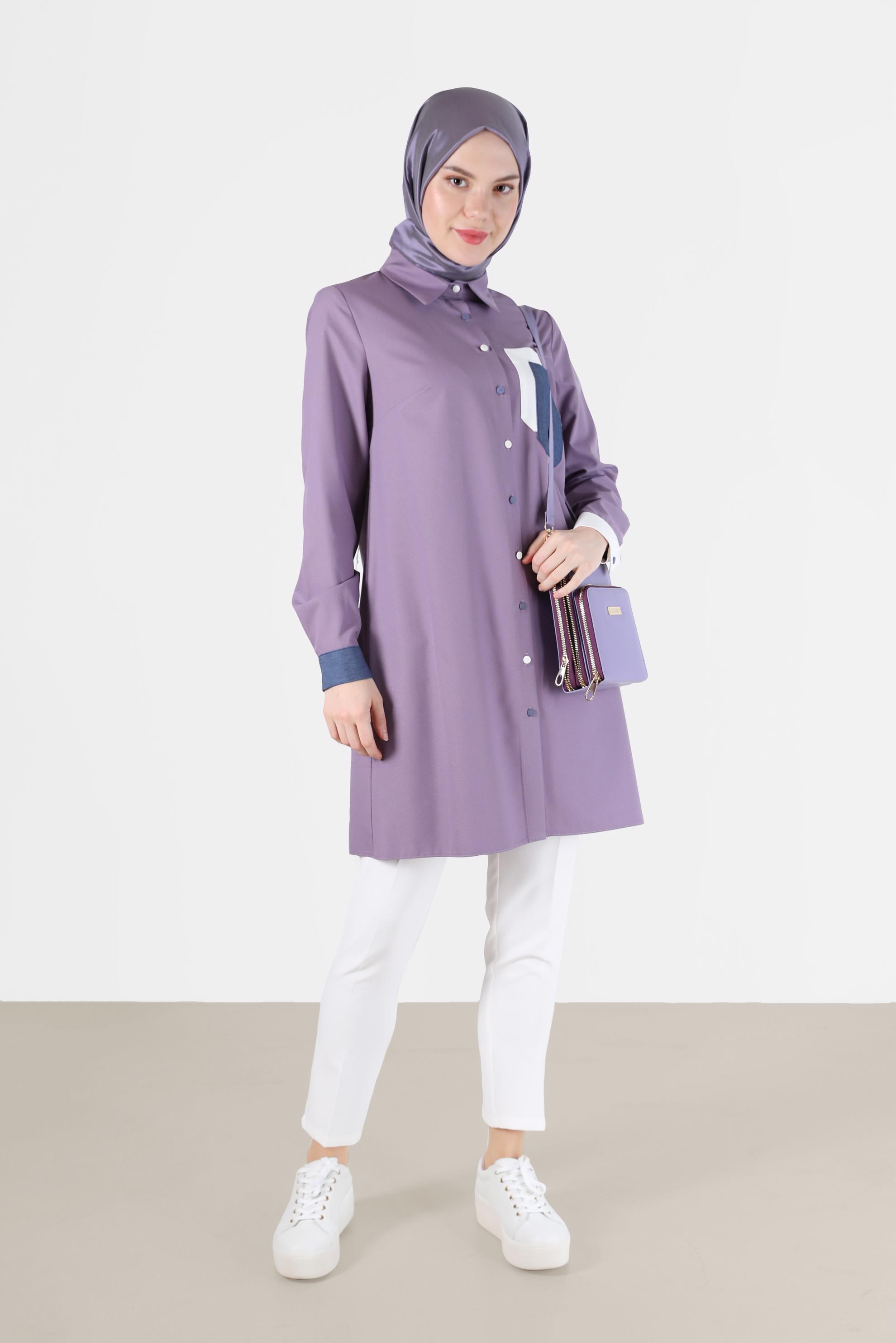 Tesettür giyim MOR RENKLİ CEP VE DÜĞME DETAYLI TUNİK 42190 