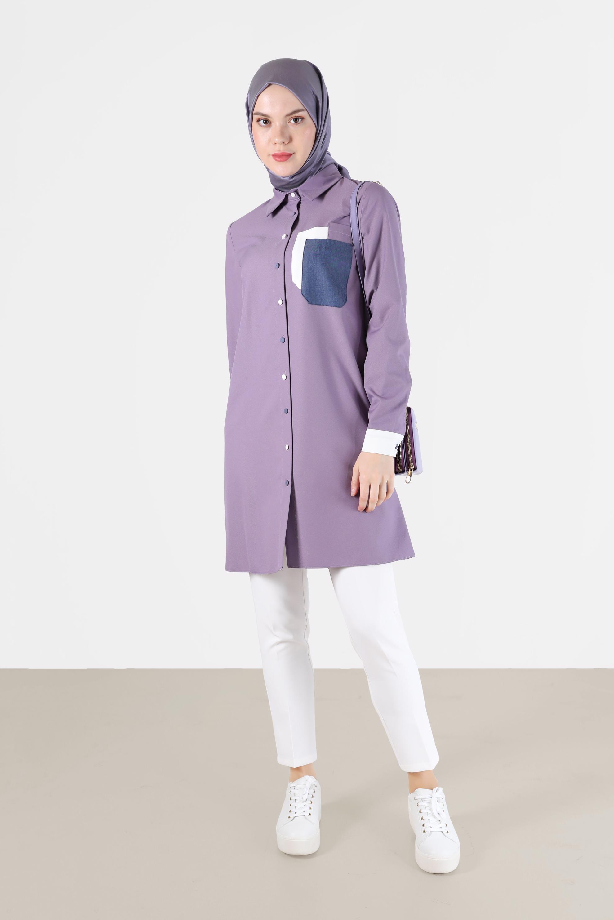 Tesettür giyim MOR RENKLİ CEP VE DÜĞME DETAYLI TUNİK 42190 