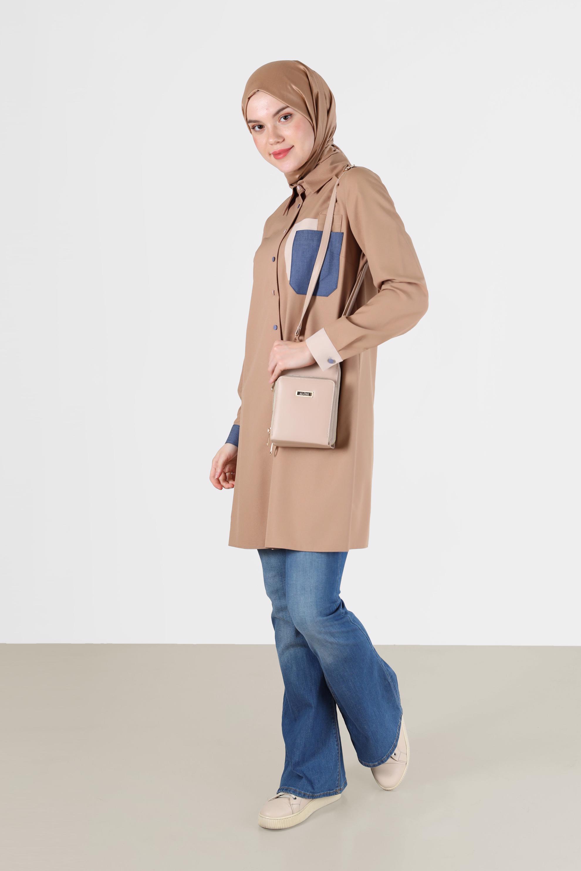 Tesettür giyim KAHVE RENKLİ CEP VE DÜĞME DETAYLI TUNİK 42190 