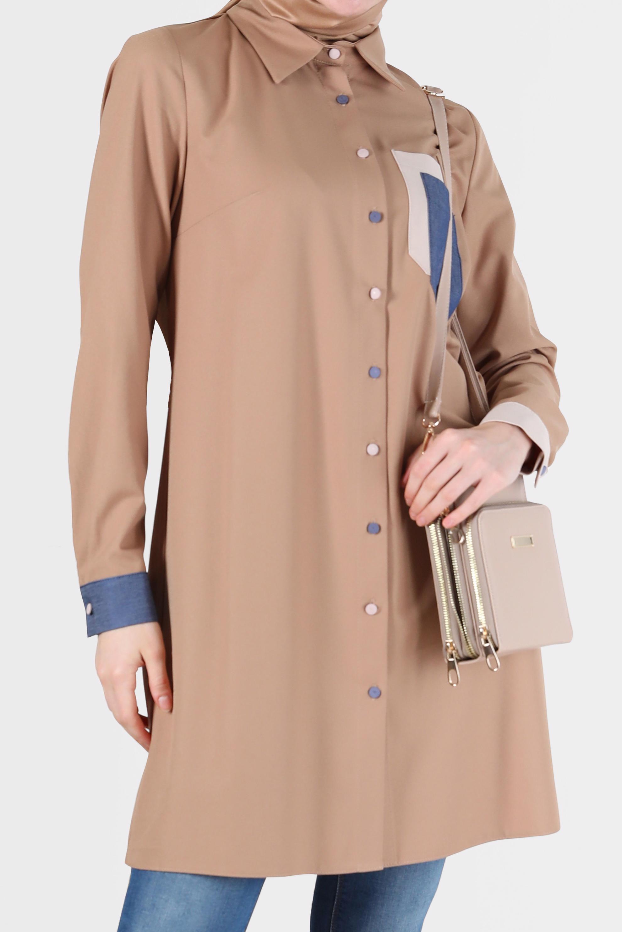 Tesettür giyim KAHVE RENKLİ CEP VE DÜĞME DETAYLI TUNİK 42190 