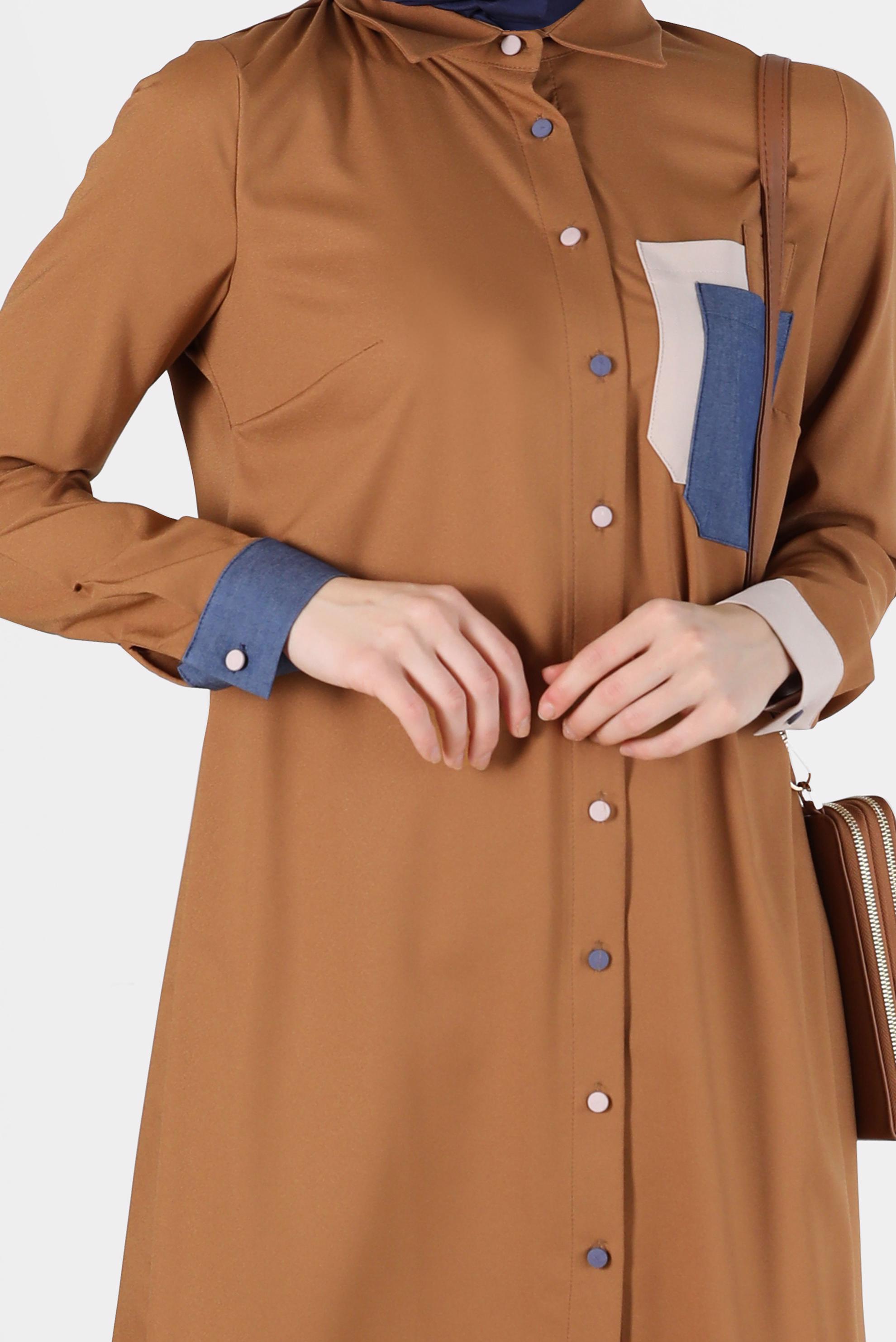 Tesettür giyim KAHVE RENKLİ CEP VE DÜĞME DETAYLI TUNİK 42190 