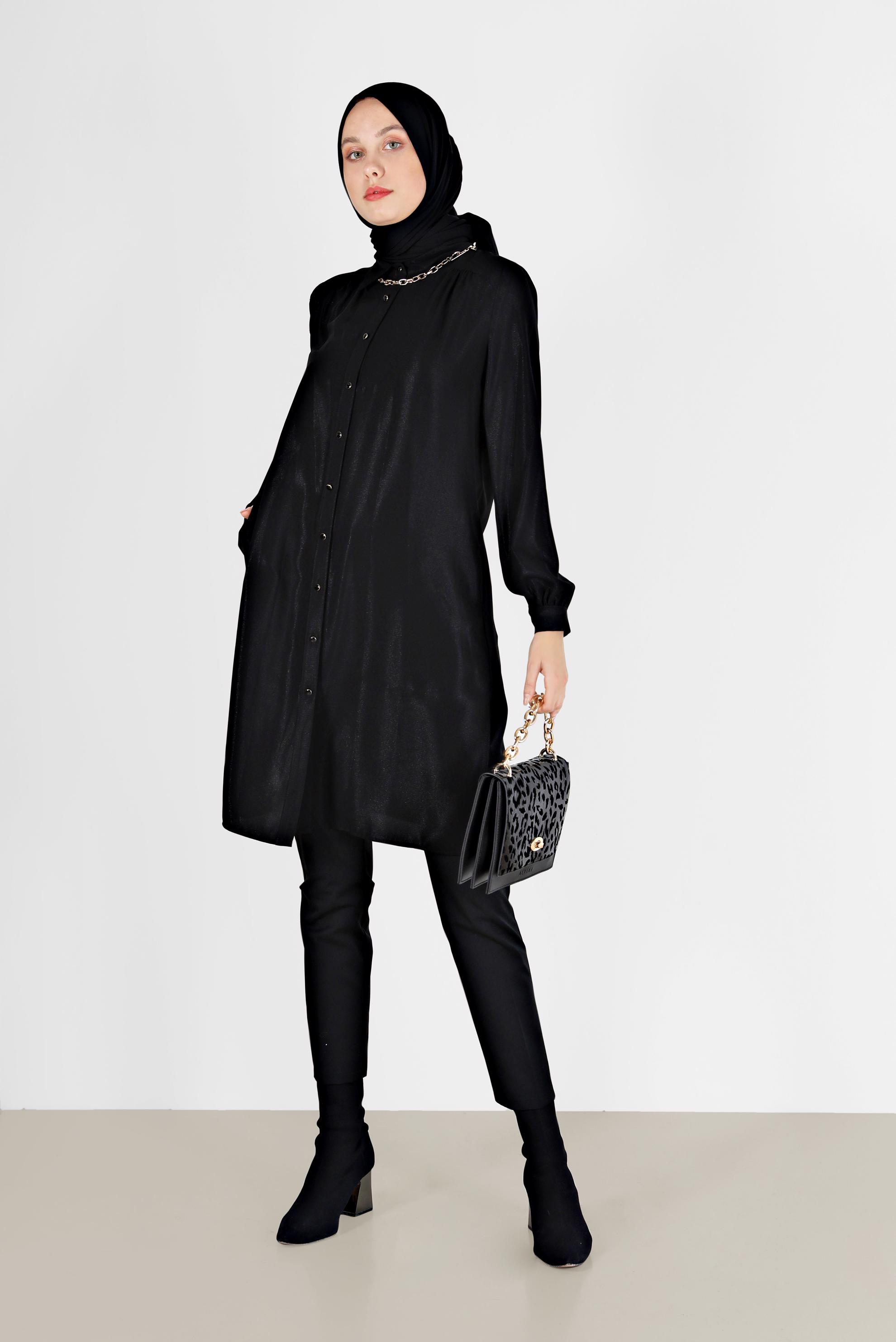 Tesettür giyim SİYAH DÜĞMELİ KLASİK TUNİK 42201 