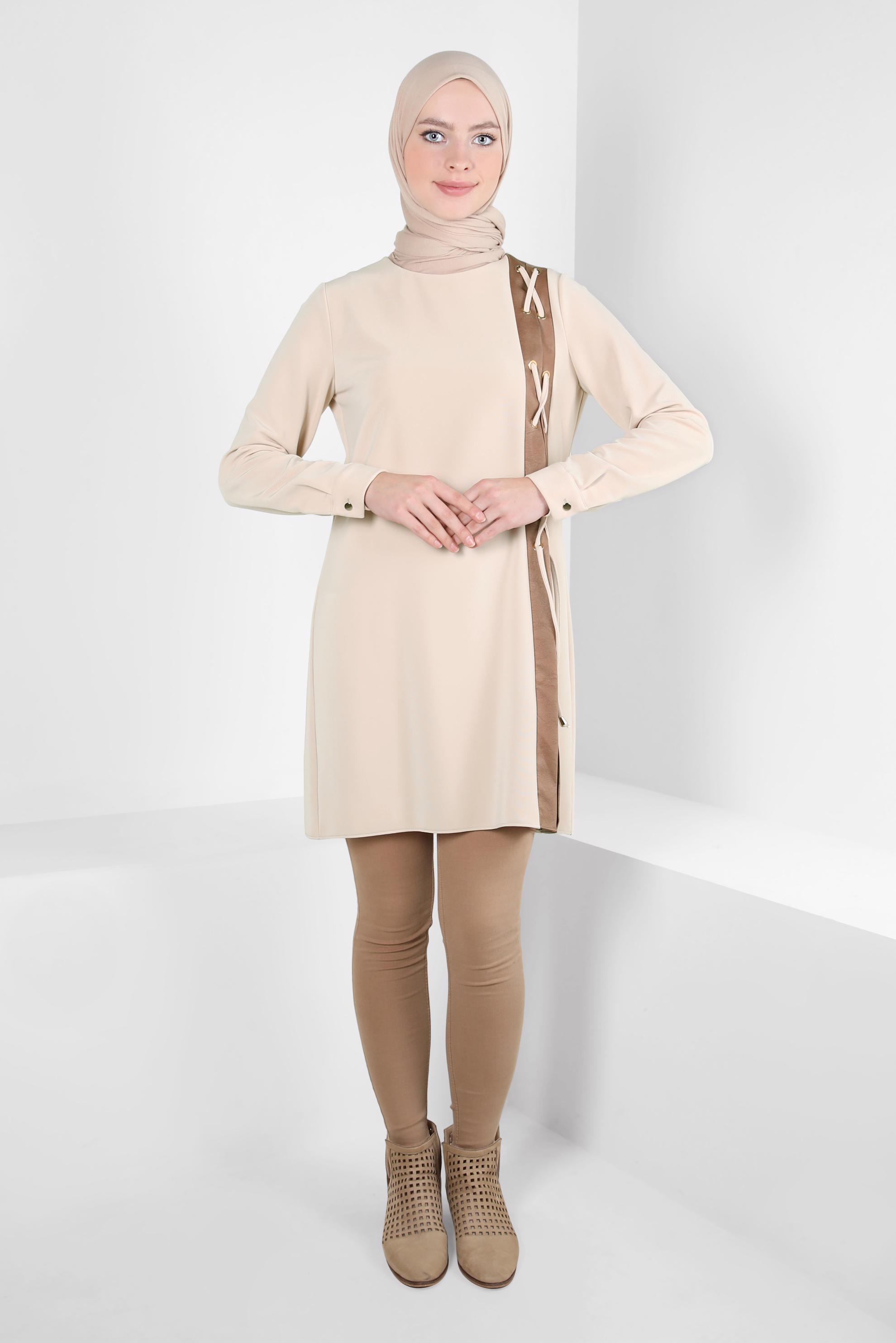Tesettür giyim BEJ KUŞGÖZÜ DETAYLI TUNİK 42202