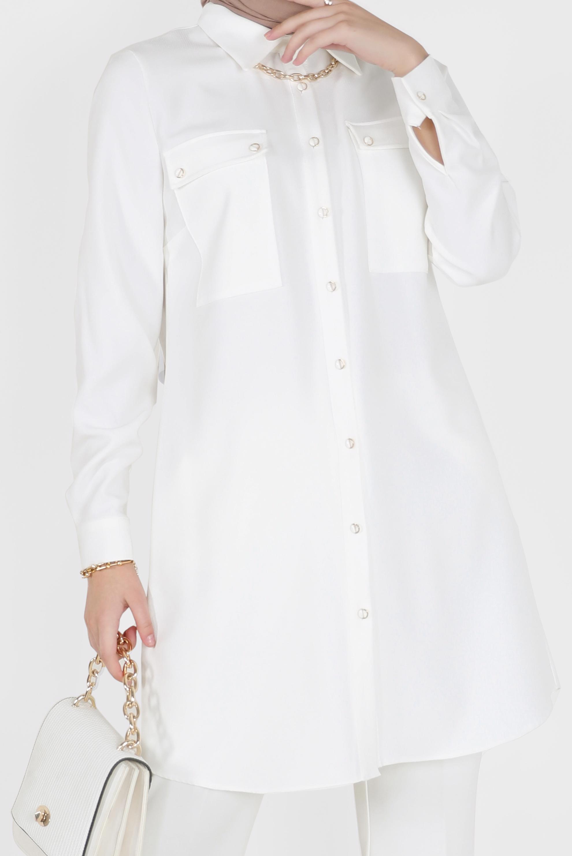 Tesettür giyim BEYAZ DÜĞMELİ CEP DETAYLI TUNİK 42203	