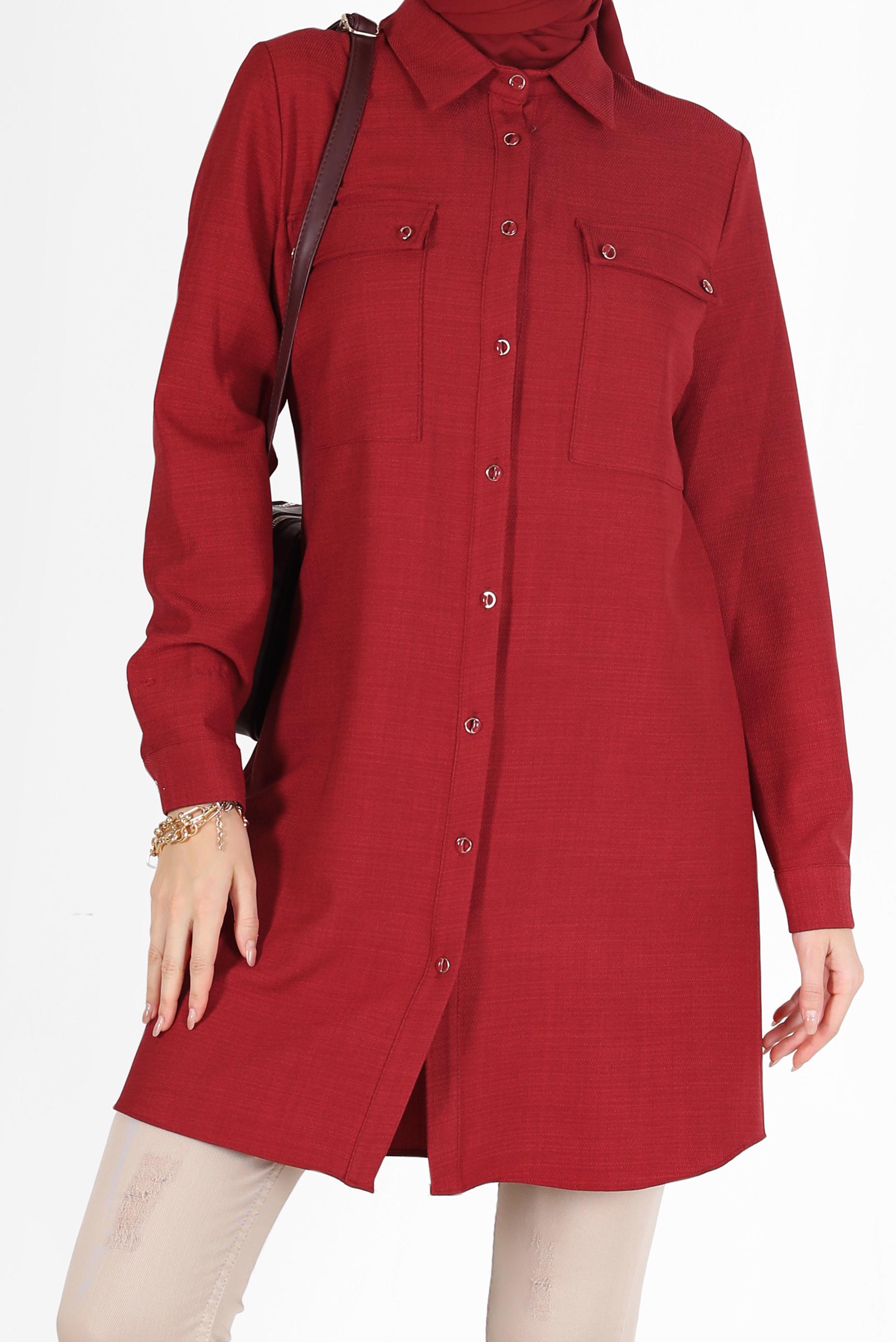 Tesettür giyim KIRMIZI DÜĞMELİ CEP DETAYLI TUNİK 42203	