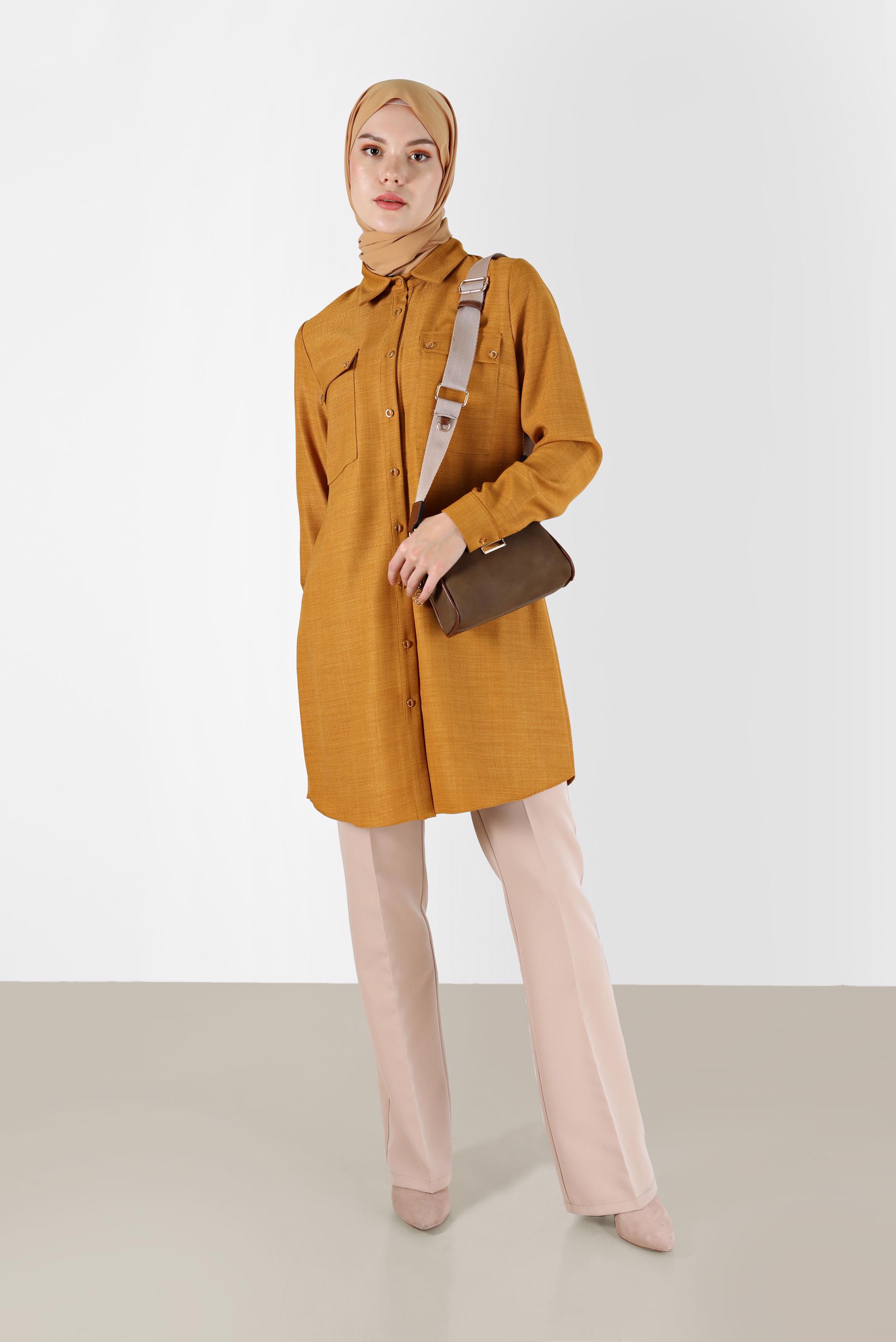 Tesettür giyim SARI DÜĞMELİ CEP DETAYLI TUNİK 42203	