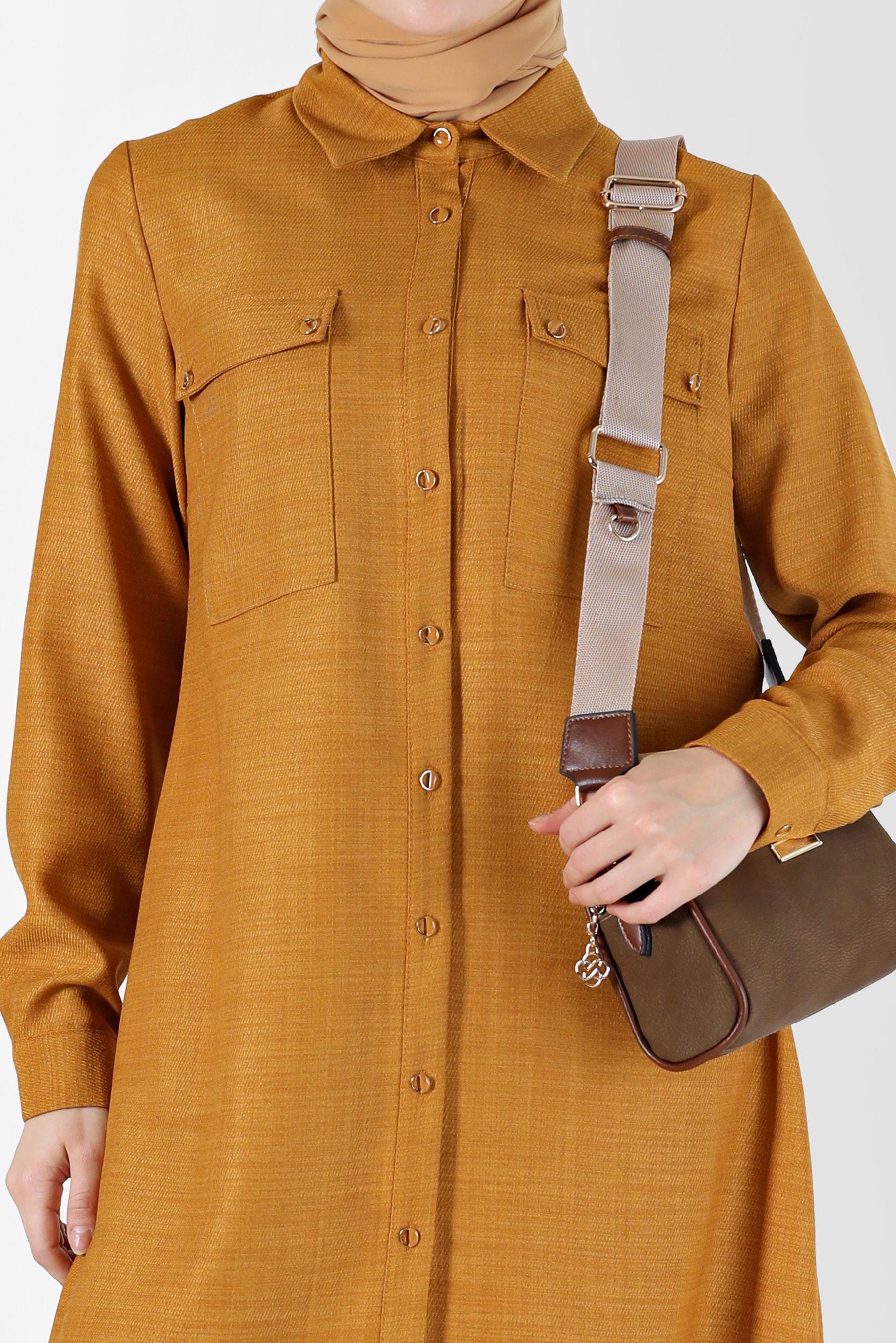 Tesettür giyim SARI DÜĞMELİ CEP DETAYLI TUNİK 42203	