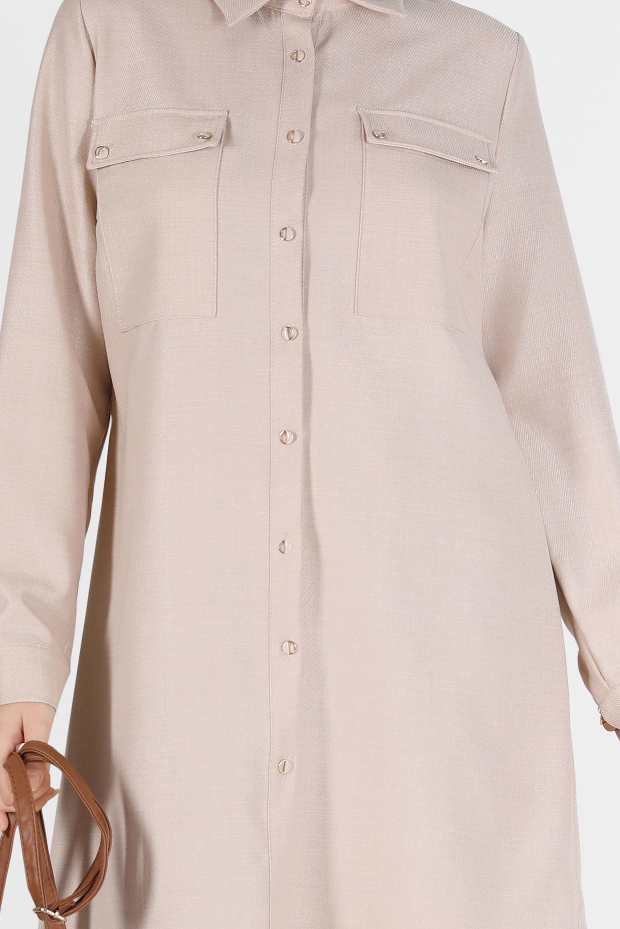 Tesettür giyim BEJ DÜĞMELİ CEP DETAYLI TUNİK 42203	