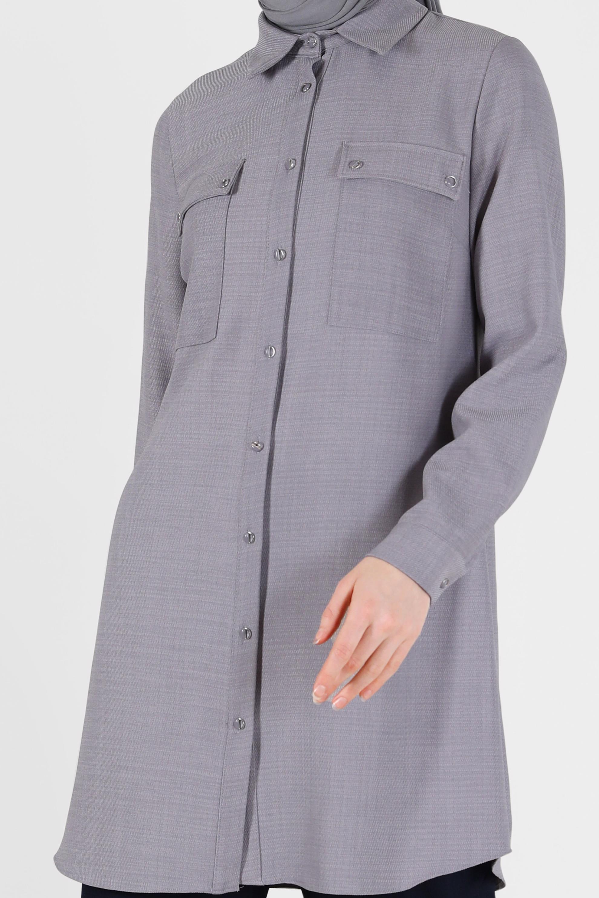 Tesettür giyim GRİ DÜĞMELİ CEP DETAYLI TUNİK 42203	