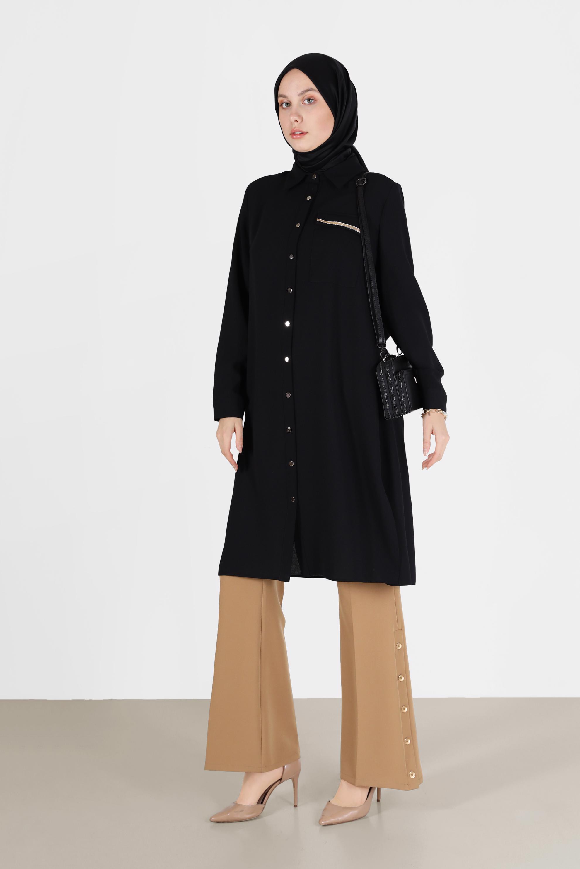 Tesettür giyim SİYAH CEP DETAYLI DÜĞMELİ TUNİK 42206	