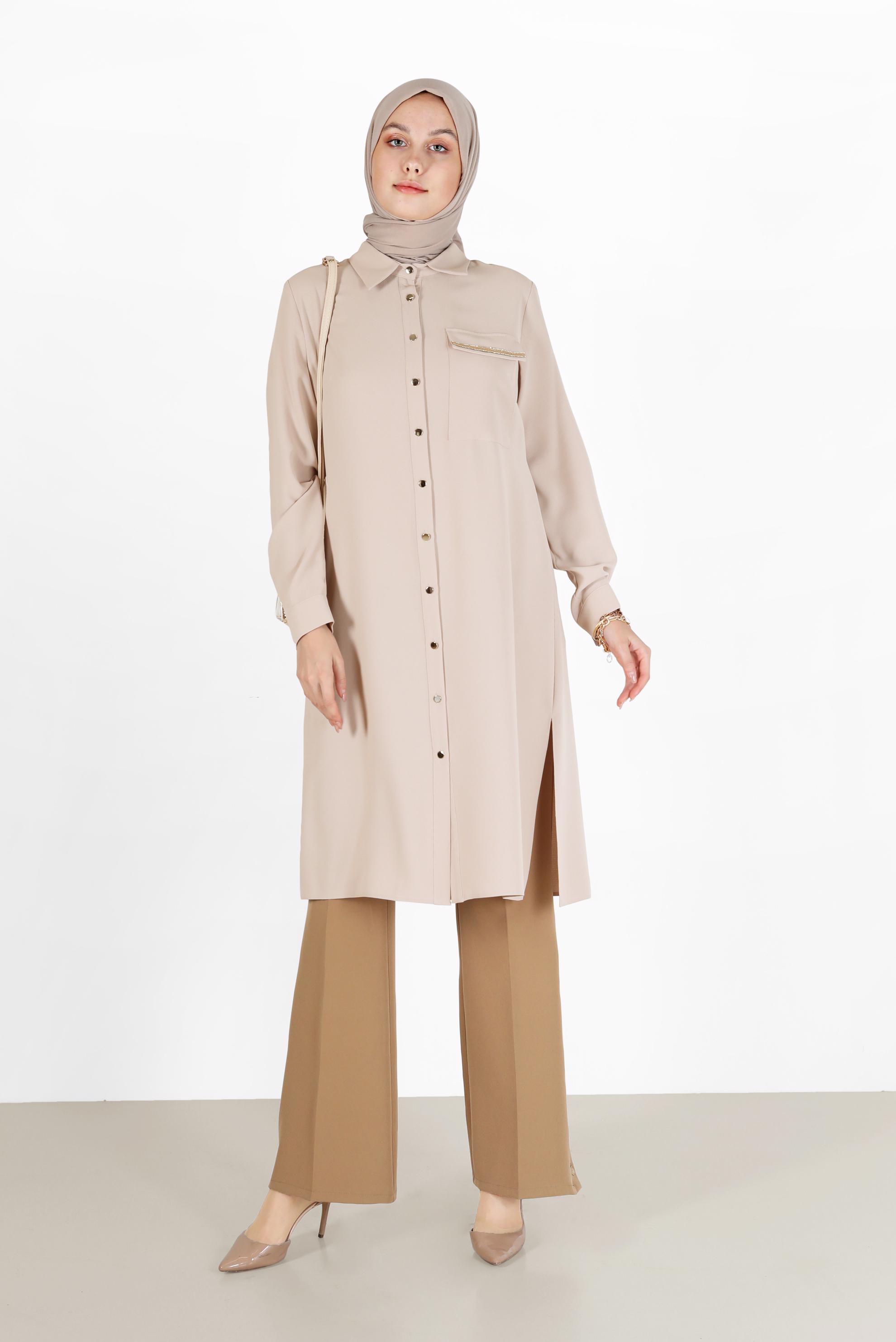 Tesettür giyim BEJ CEP DETAYLI DÜĞMELİ TUNİK 42206	