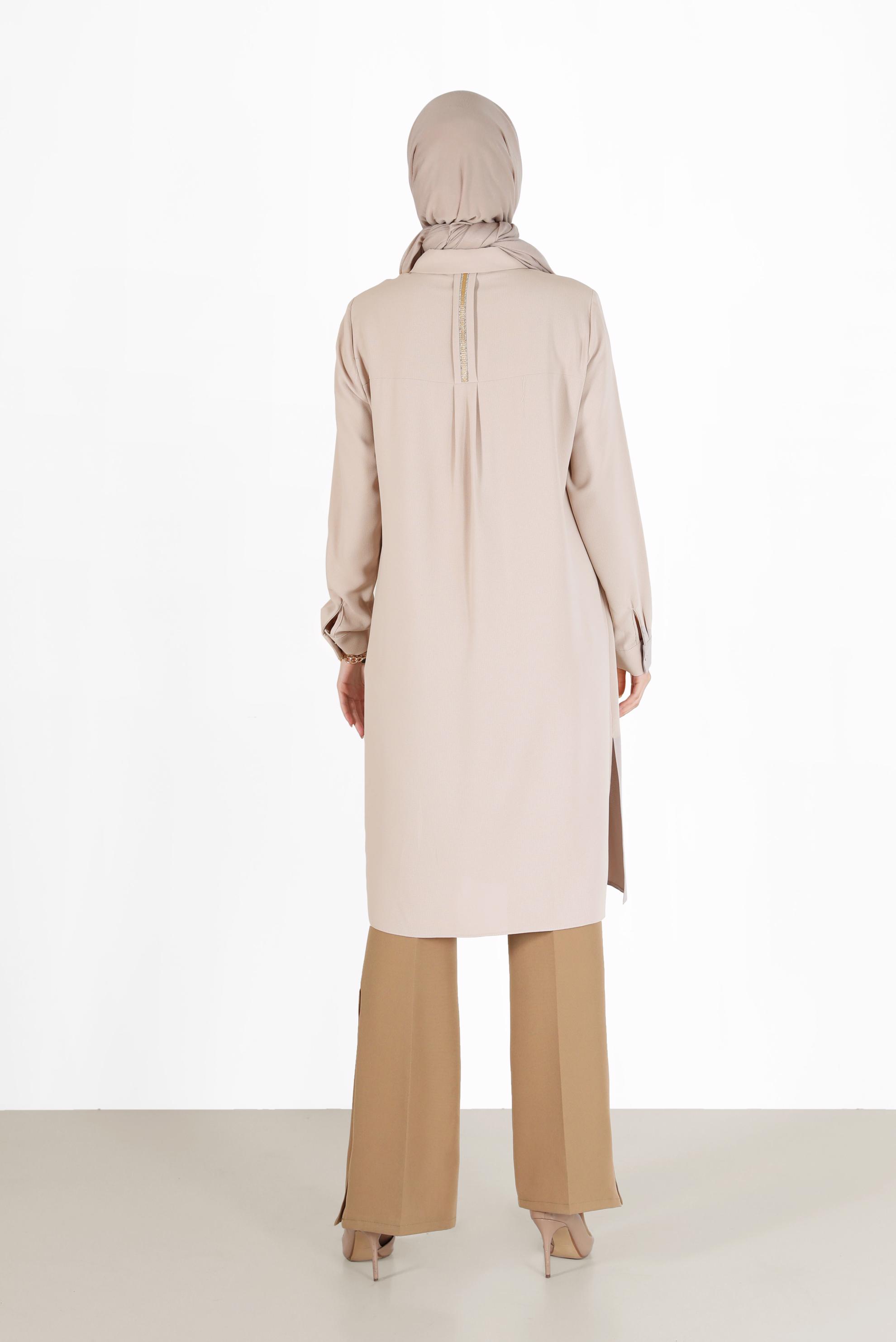 Tesettür giyim BEJ CEP DETAYLI DÜĞMELİ TUNİK 42206	