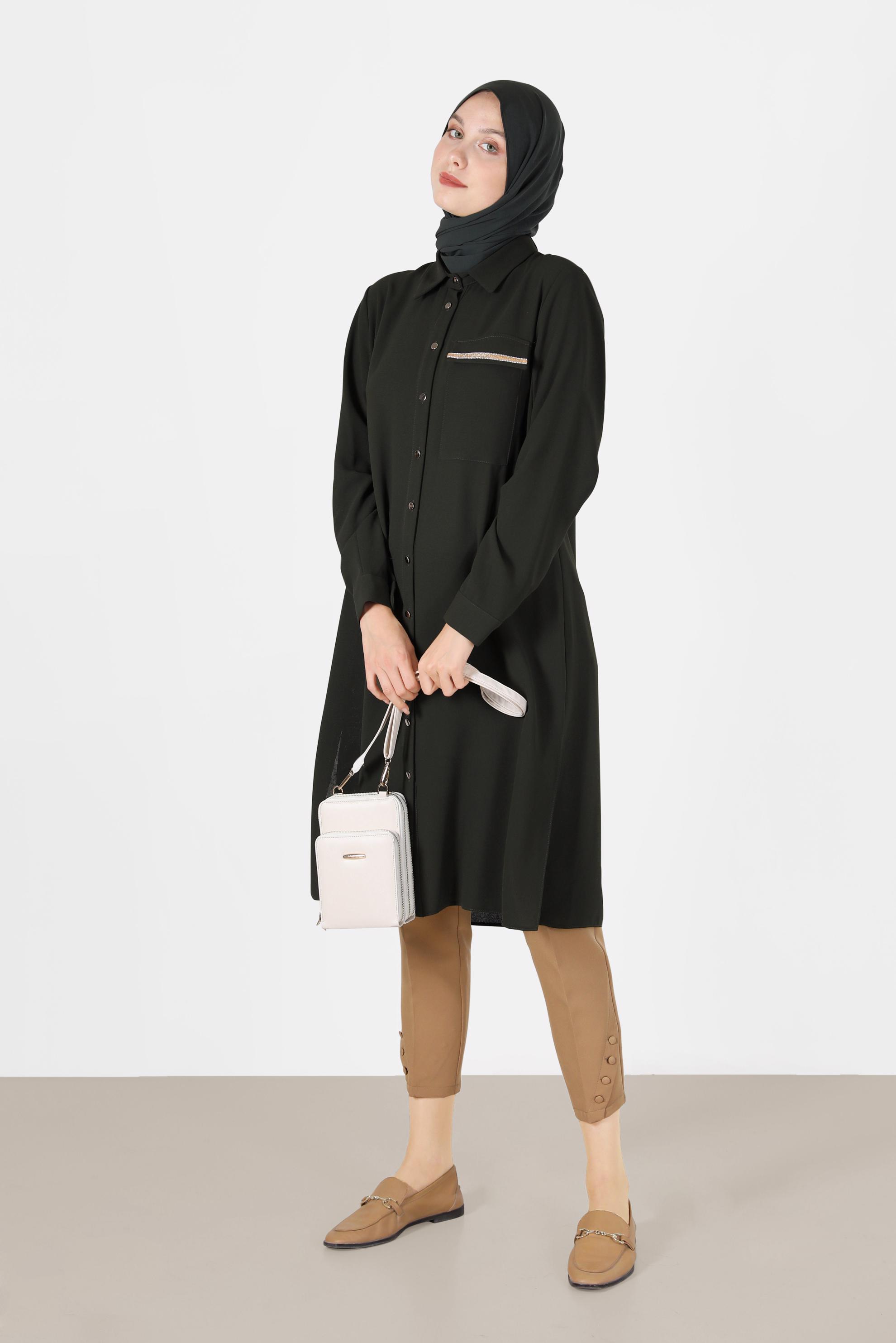 Tesettür giyim HAKİ CEP DETAYLI DÜĞMELİ TUNİK 42206	