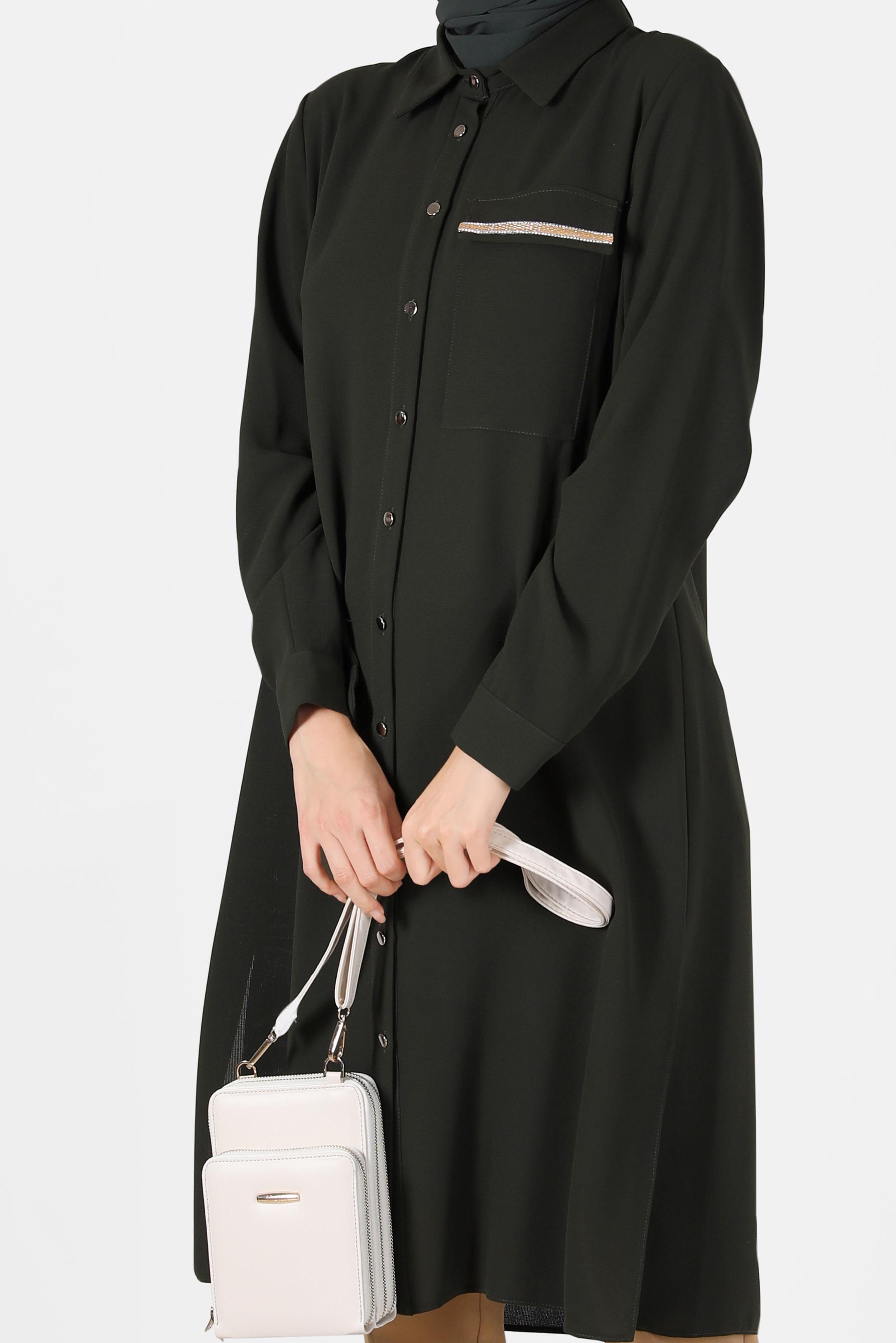 Tesettür giyim HAKİ CEP DETAYLI DÜĞMELİ TUNİK 42206	