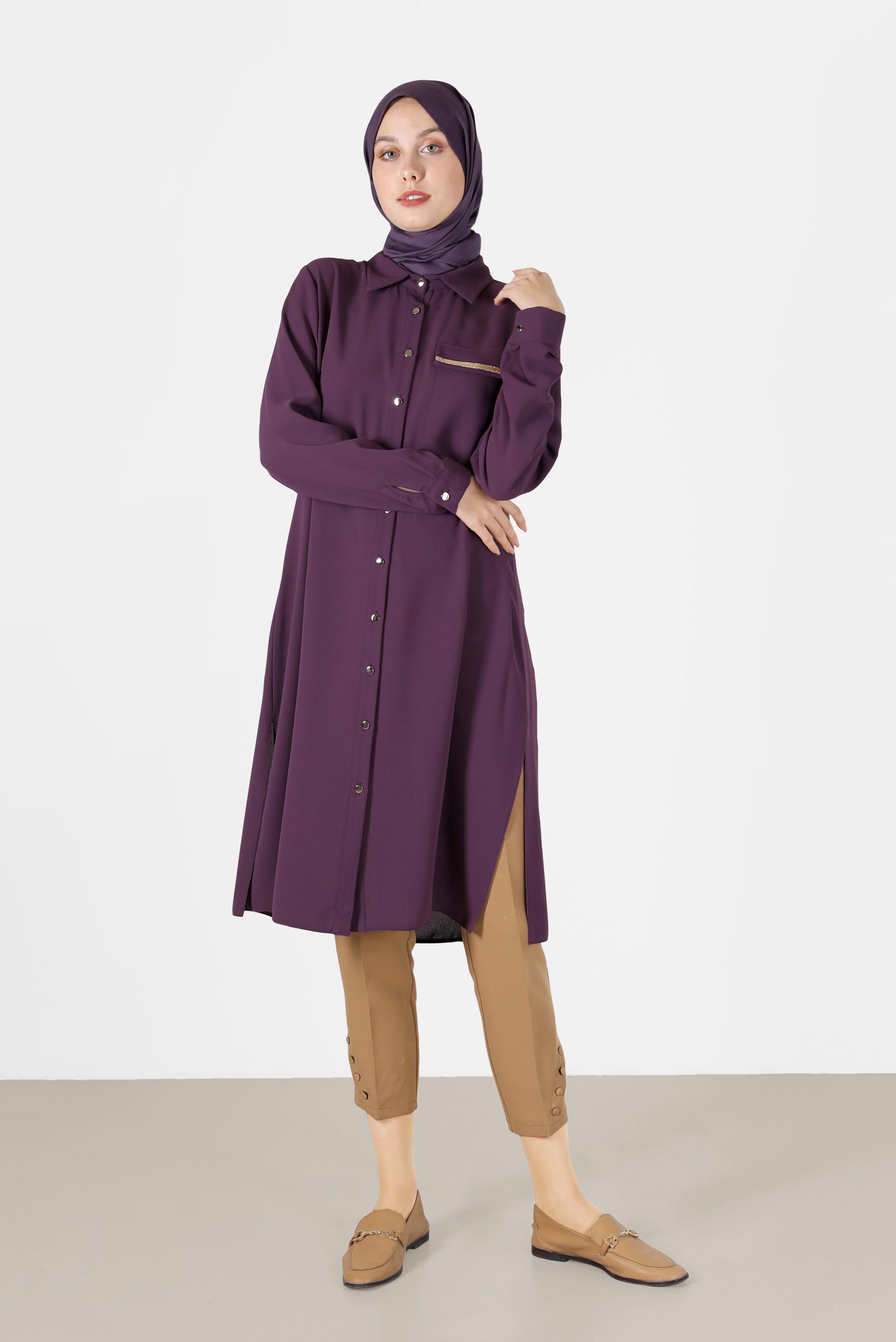 Tesettür giyim MOR CEP DETAYLI DÜĞMELİ TUNİK 42206	