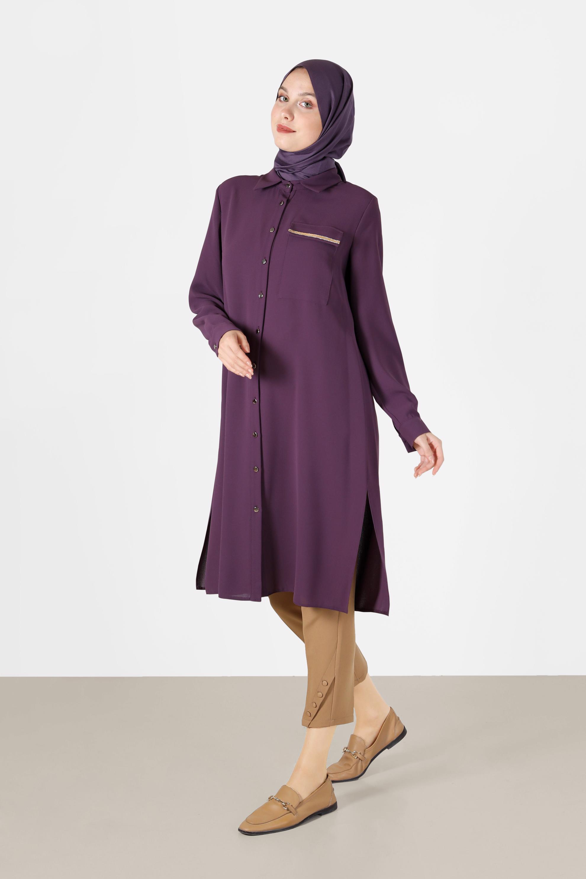 Tesettür giyim MOR CEP DETAYLI DÜĞMELİ TUNİK 42206	