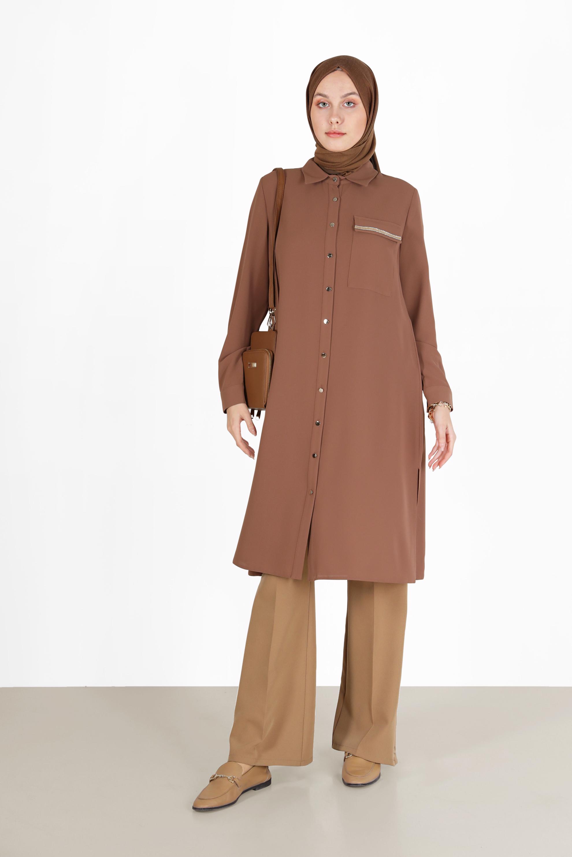 Tesettür giyim TABA CEP DETAYLI DÜĞMELİ TUNİK 42206	