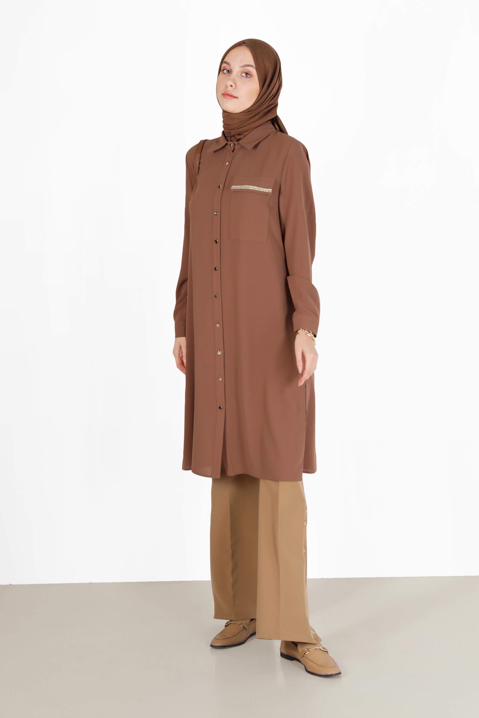 Tesettür giyim TABA CEP DETAYLI DÜĞMELİ TUNİK 42206	