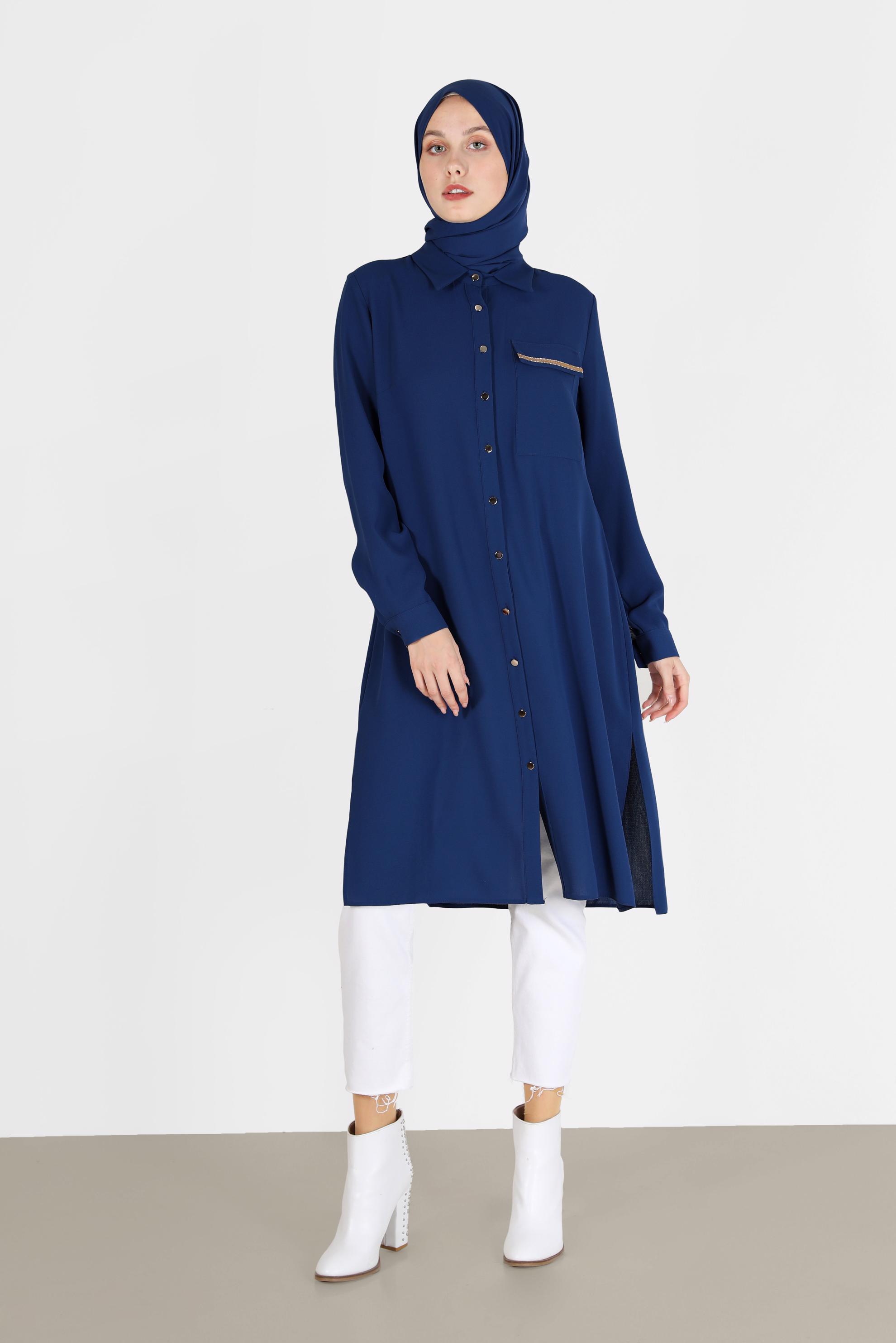 Tesettür giyim LACİVERT CEP DETAYLI DÜĞMELİ TUNİK 42206	