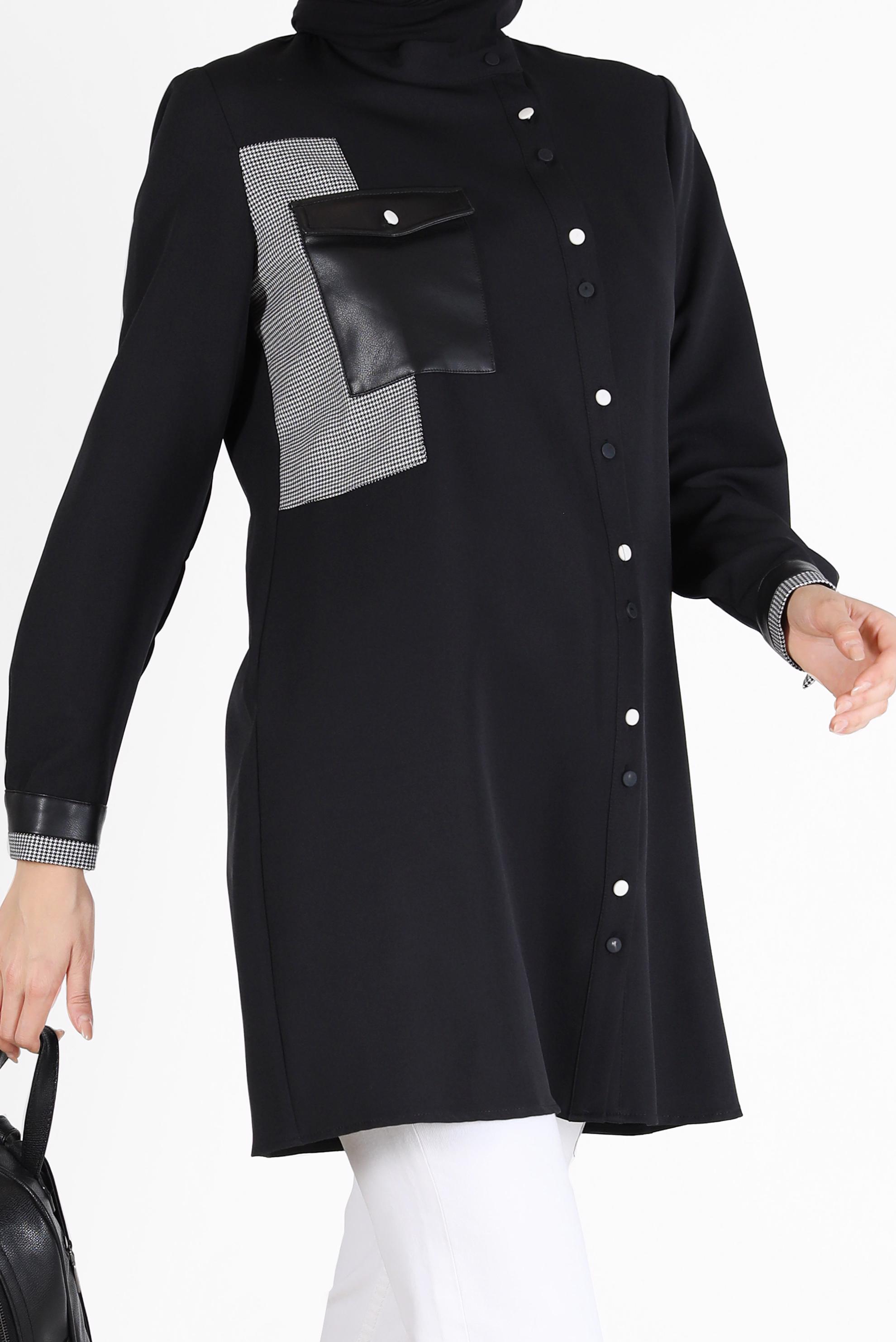 Tesettür giyim SİYAH YAMA DETAYLI CEPLİ TUNİK 42212