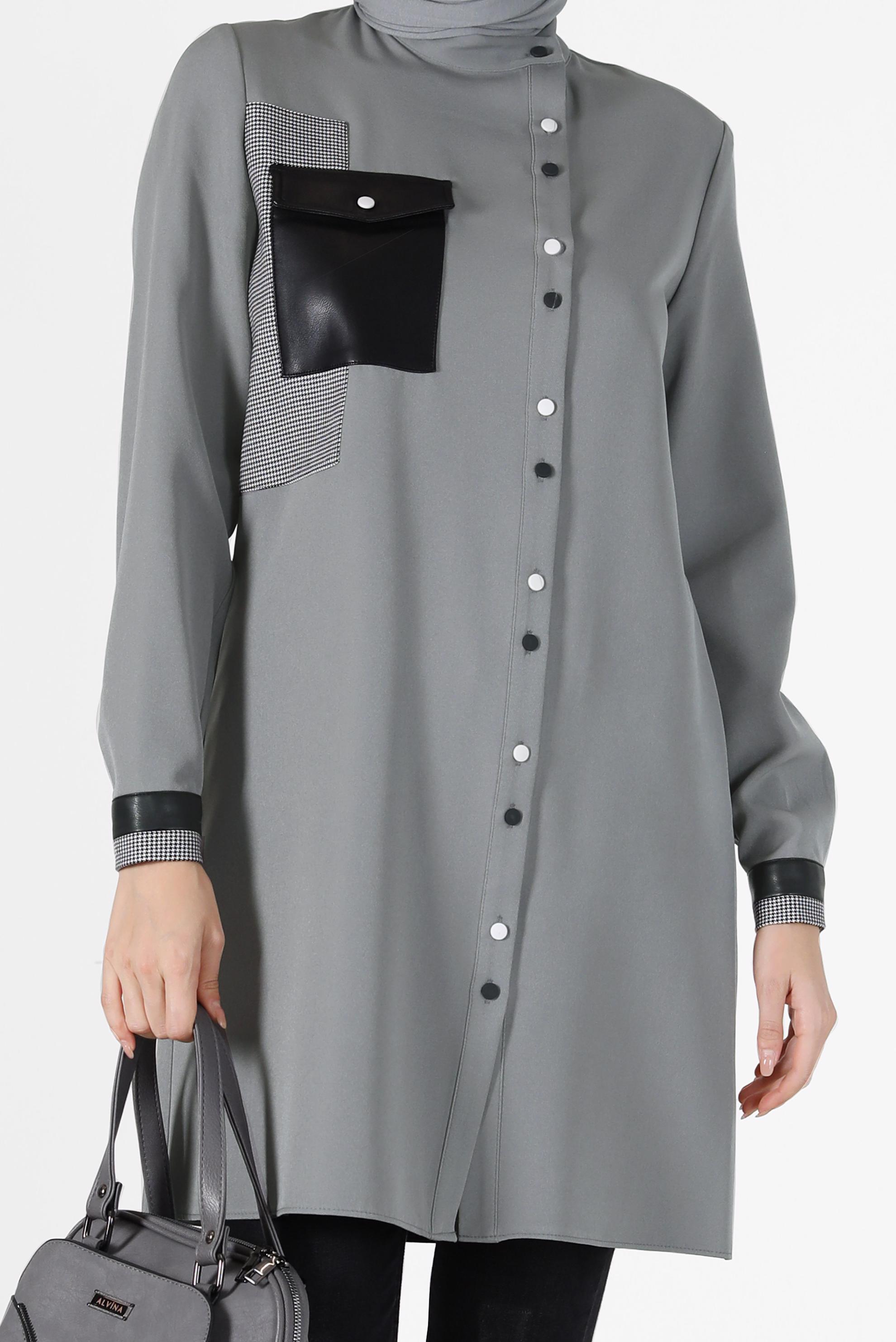 Tesettür giyim GRİ YAMA DETAYLI CEPLİ TUNİK 42212