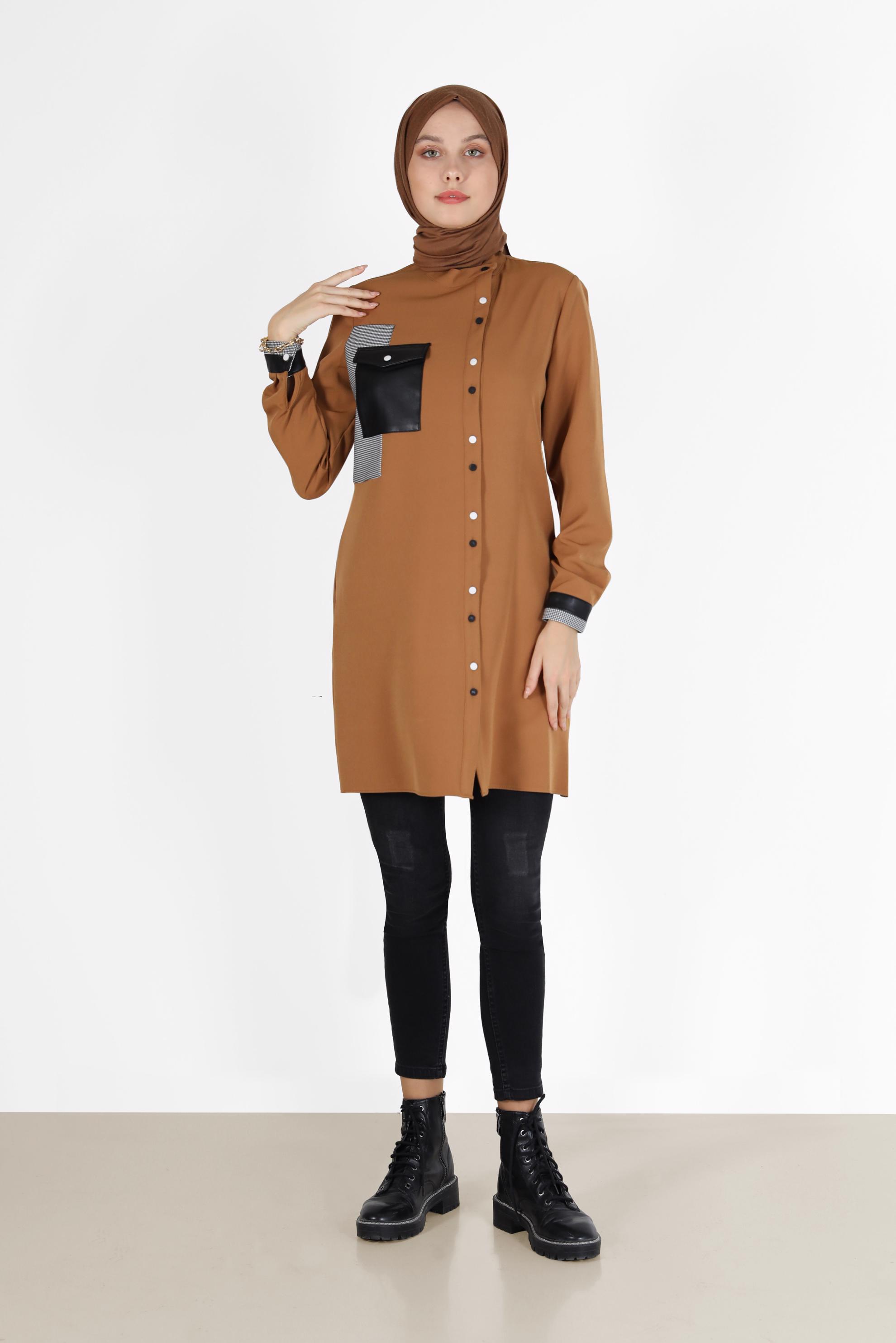 Tesettür giyim SARI YAMA DETAYLI CEPLİ TUNİK 42212