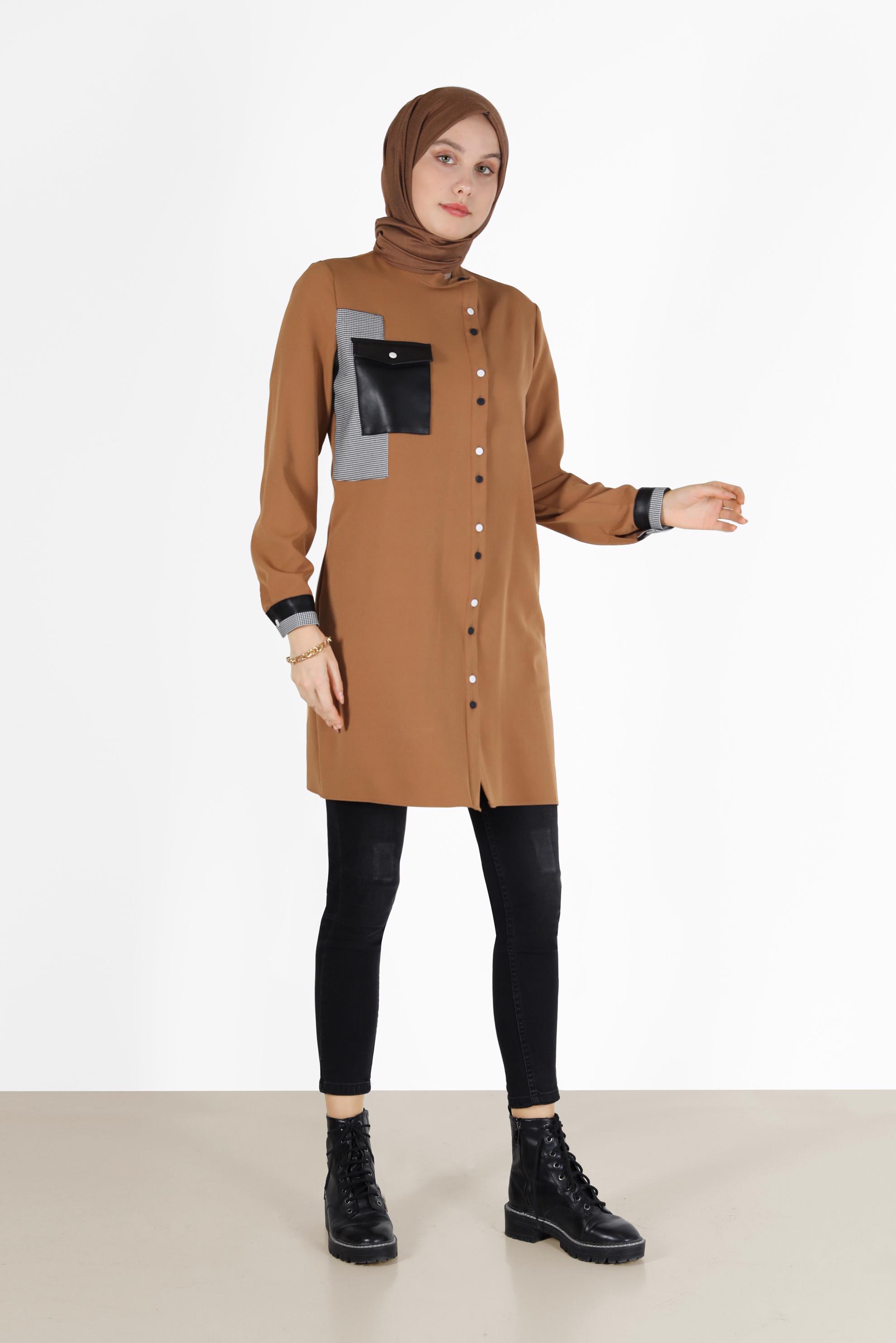 Tesettür giyim SARI YAMA DETAYLI CEPLİ TUNİK 42212