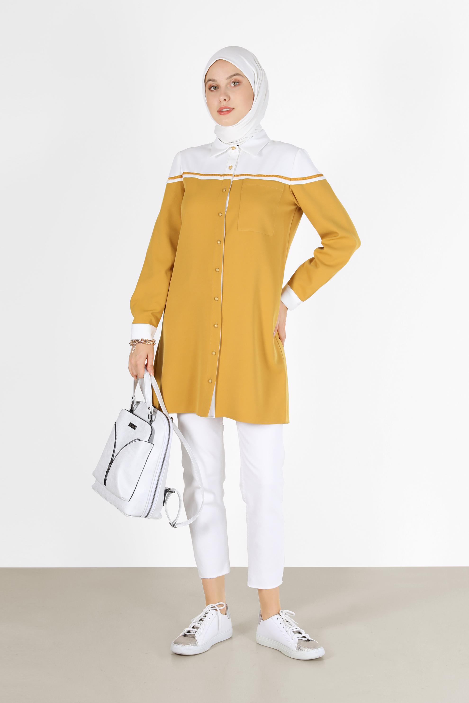 Tesettür giyim SARI İKİ RENK DÜĞMELİ TUNİK 42213