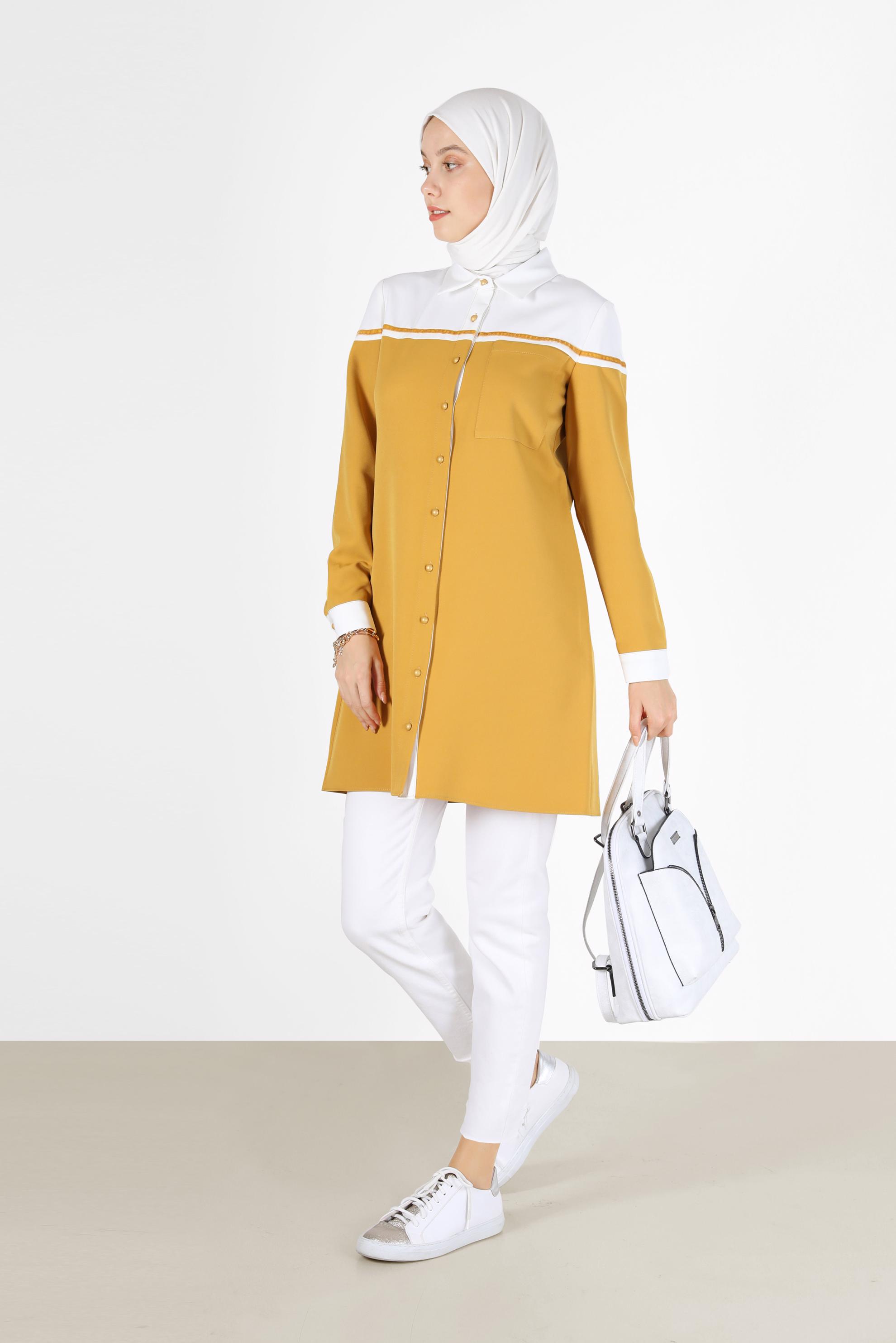 Tesettür giyim SARI İKİ RENK DÜĞMELİ TUNİK 42213