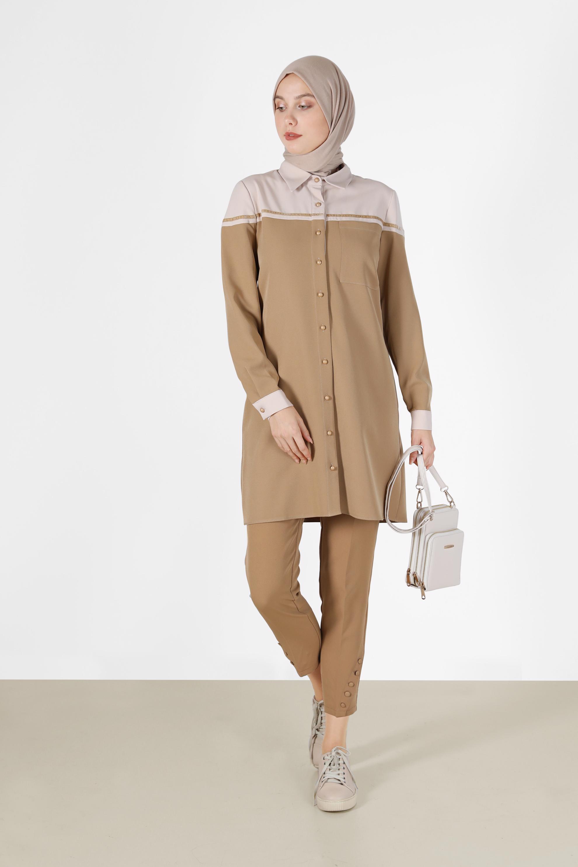 Tesettür giyim KAHVE İKİ RENK DÜĞMELİ TUNİK 42213