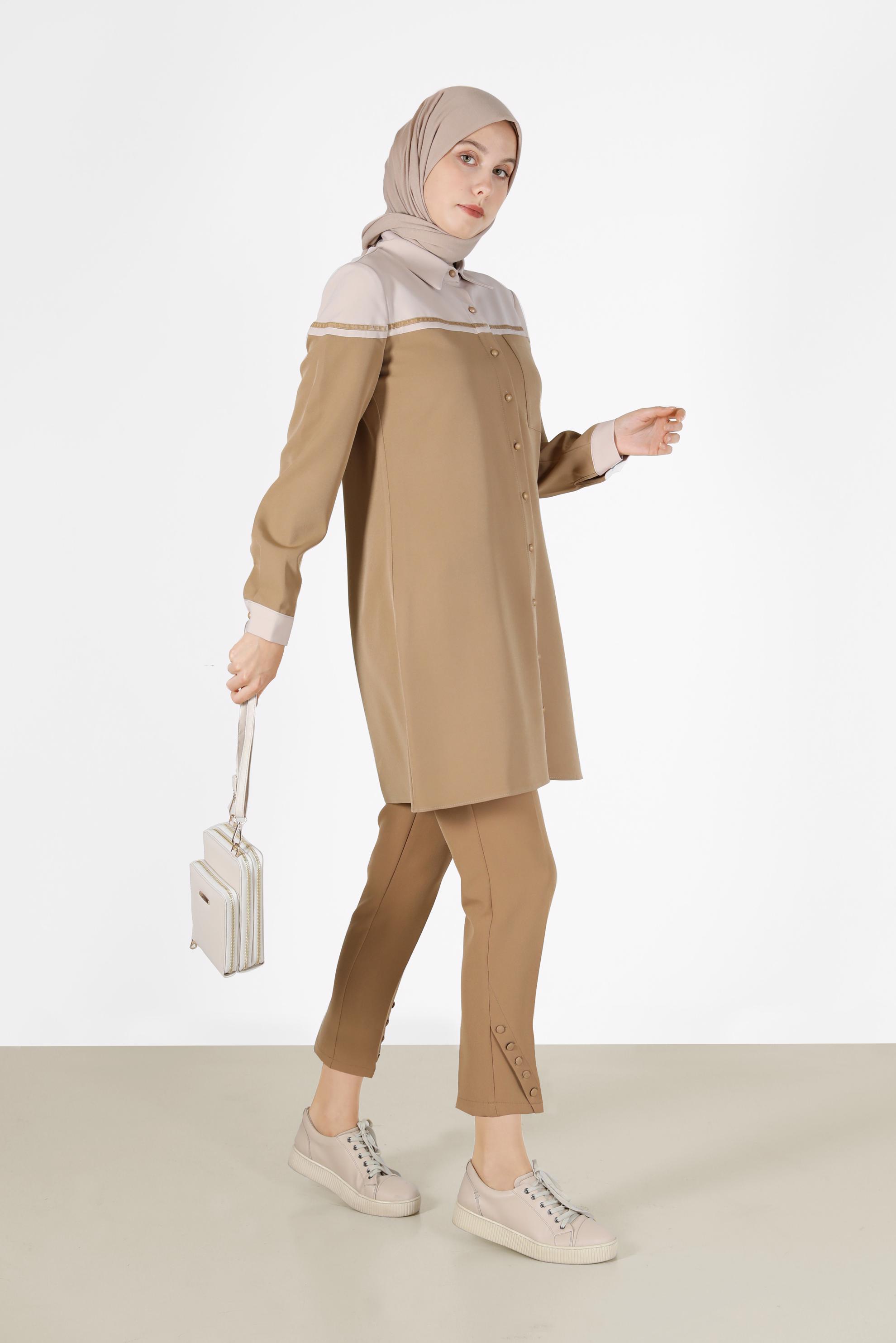 Tesettür giyim KAHVE İKİ RENK DÜĞMELİ TUNİK 42213