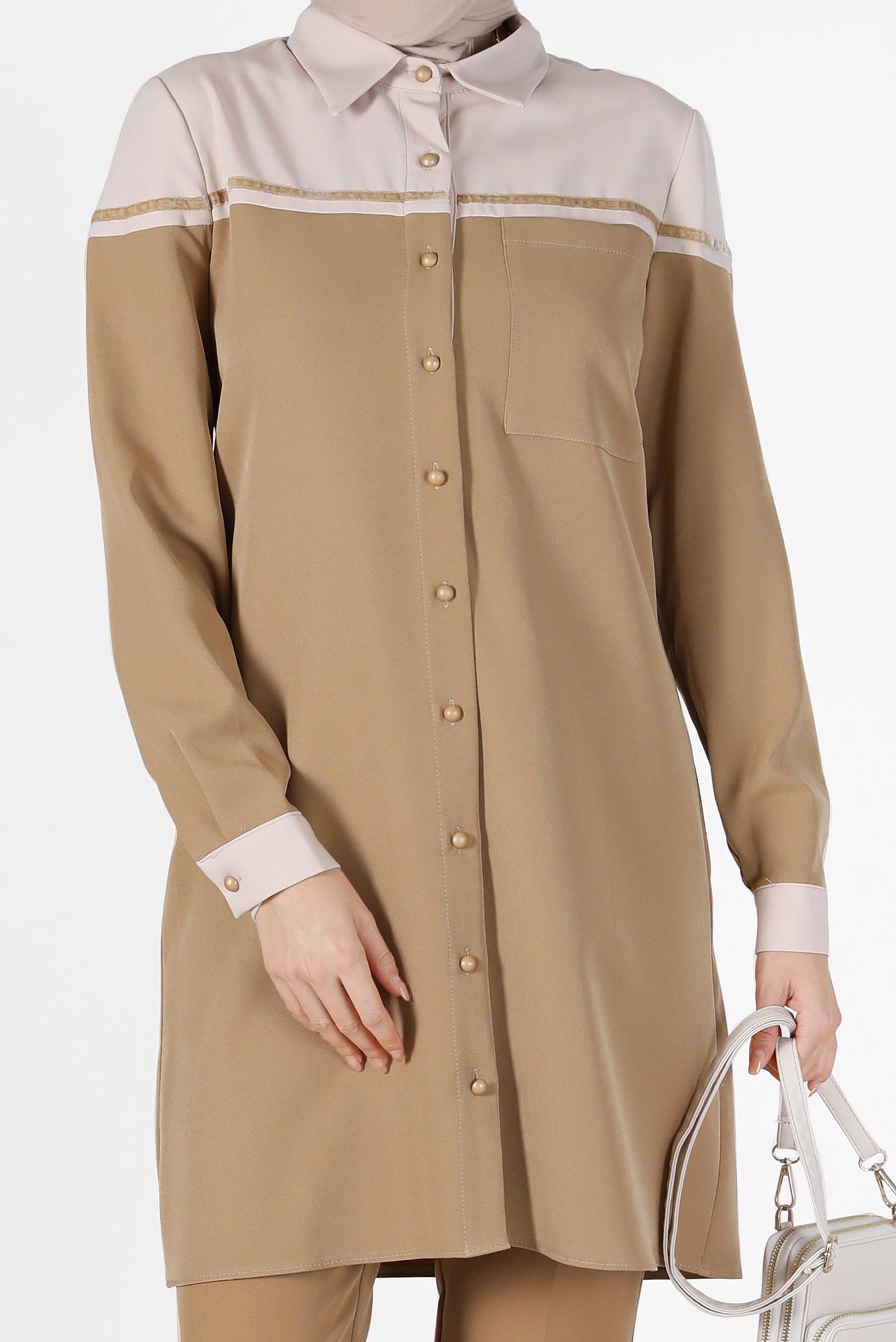 Tesettür giyim KAHVE İKİ RENK DÜĞMELİ TUNİK 42213