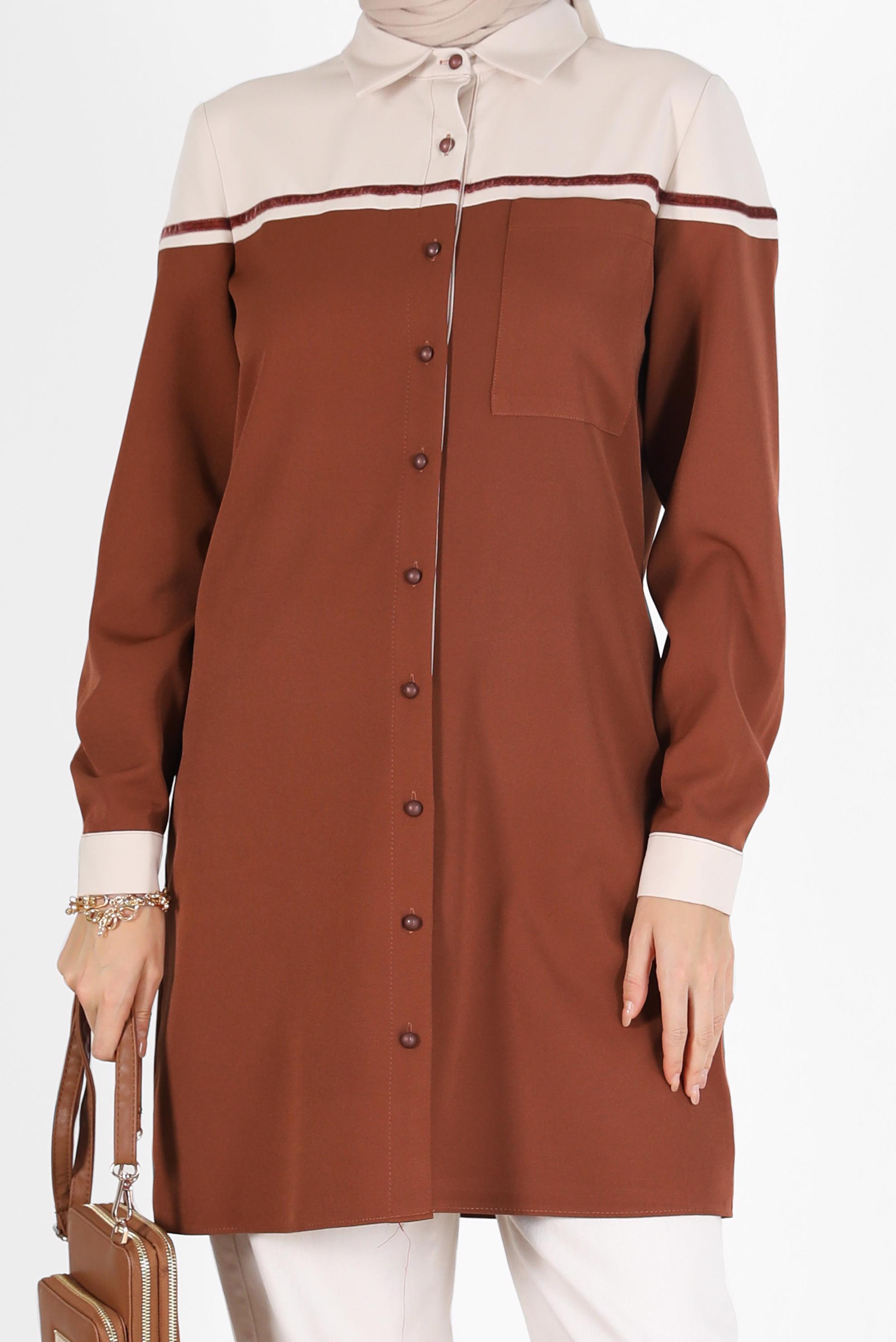 Tesettür giyim KAHVE İKİ RENK DÜĞMELİ TUNİK 42213