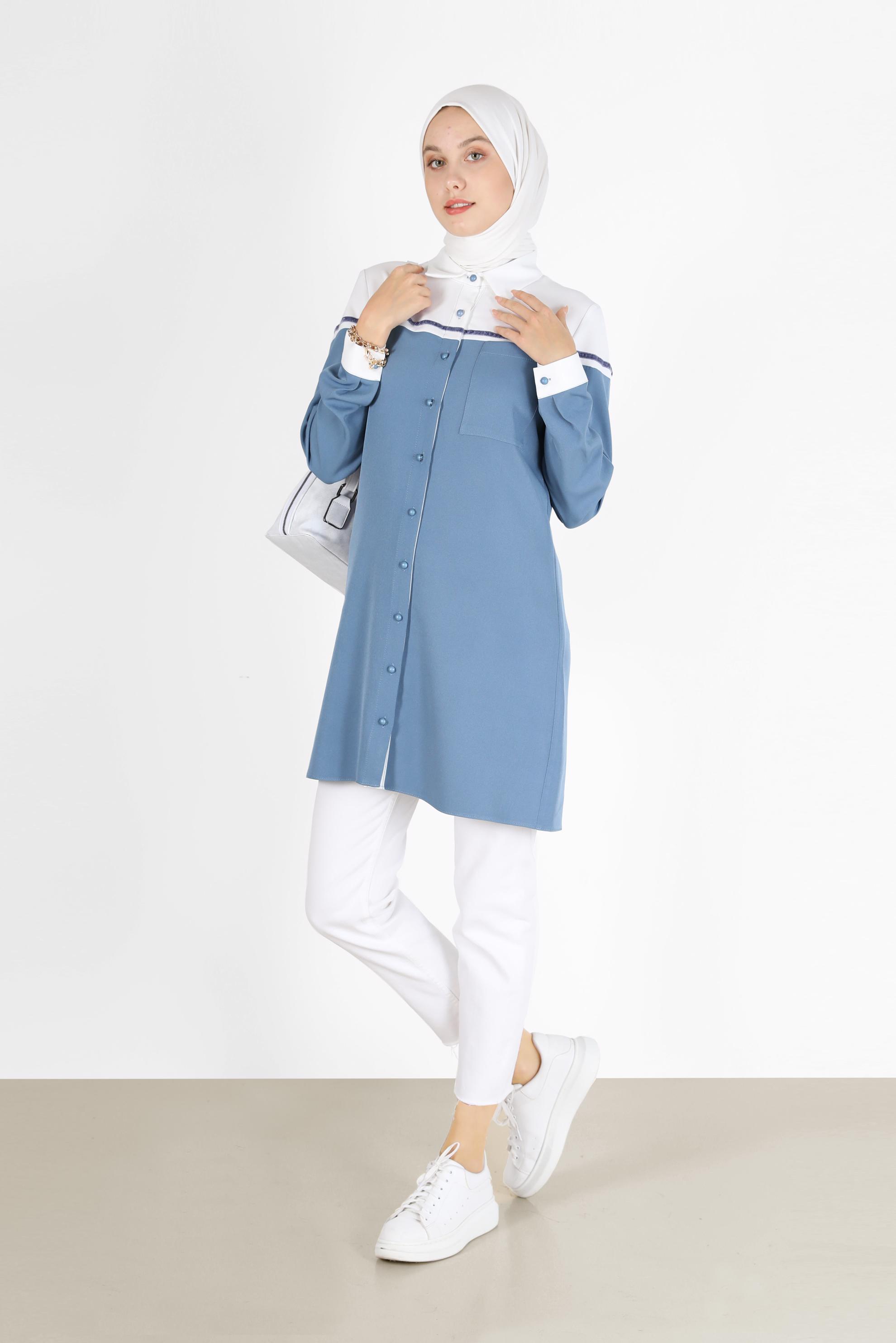 Tesettür giyim MAVİ İKİ RENK DÜĞMELİ TUNİK 42213