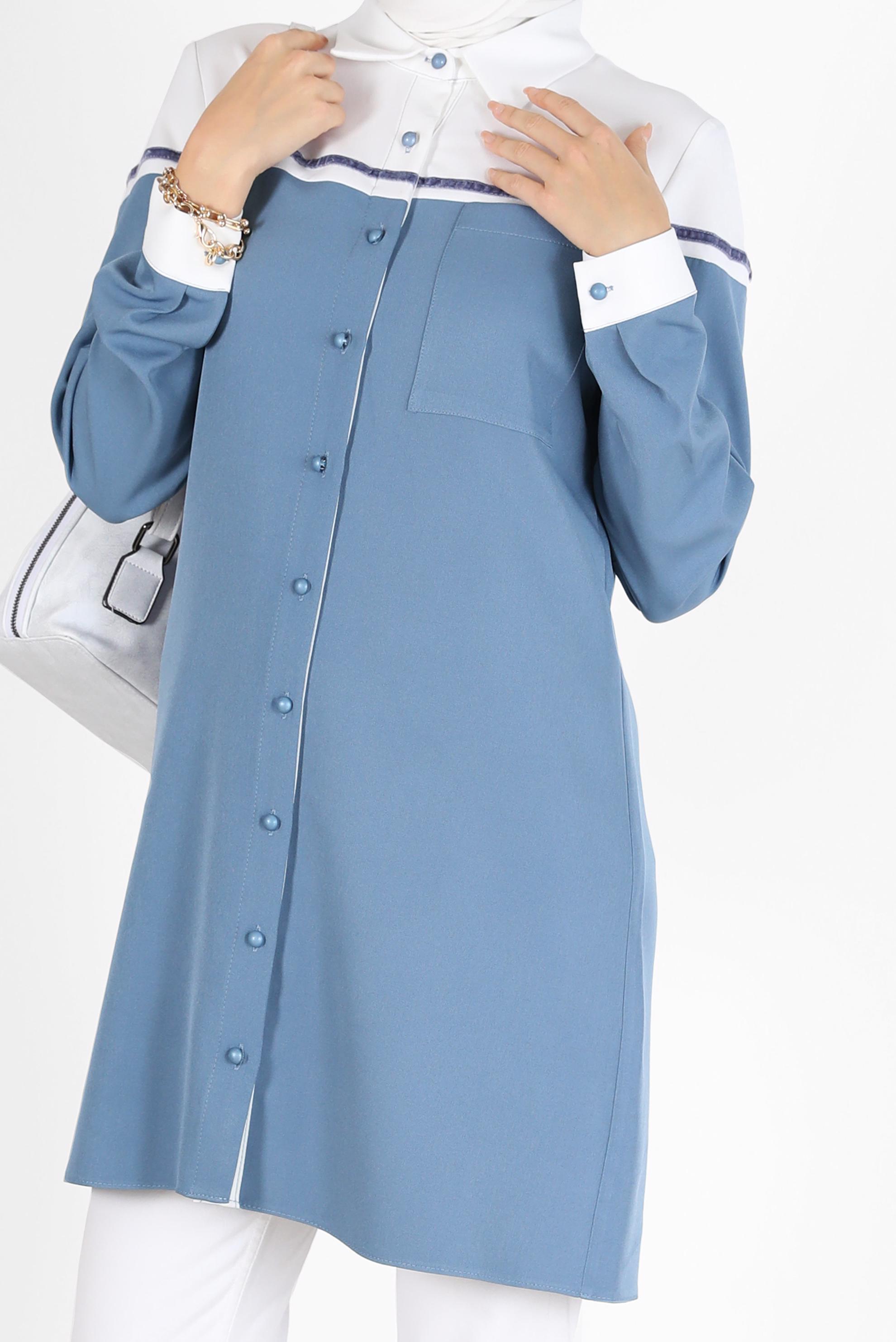 Tesettür giyim MAVİ İKİ RENK DÜĞMELİ TUNİK 42213