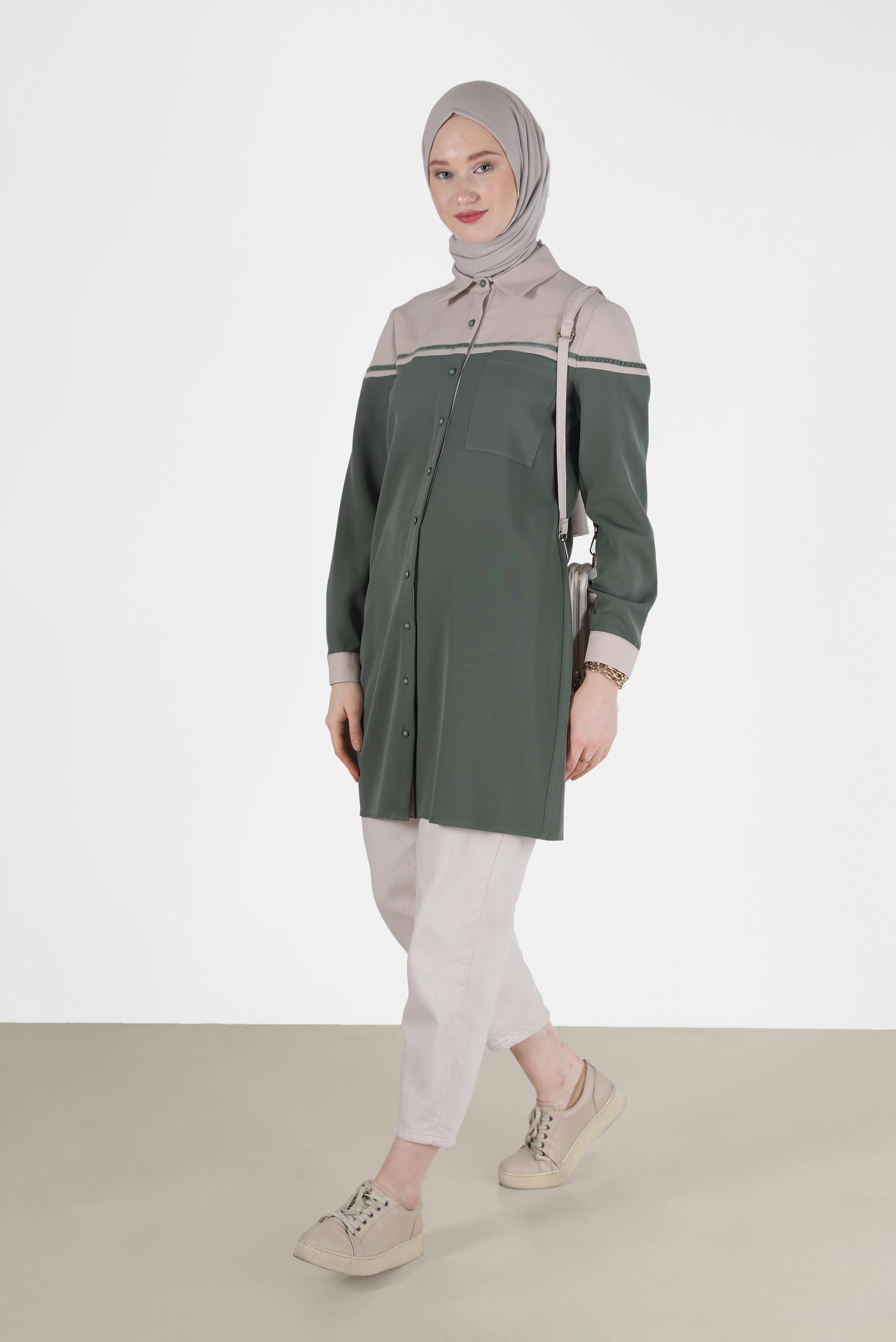 Tesettür giyim YEŞİL İKİ RENK DÜĞMELİ TUNİK 42213