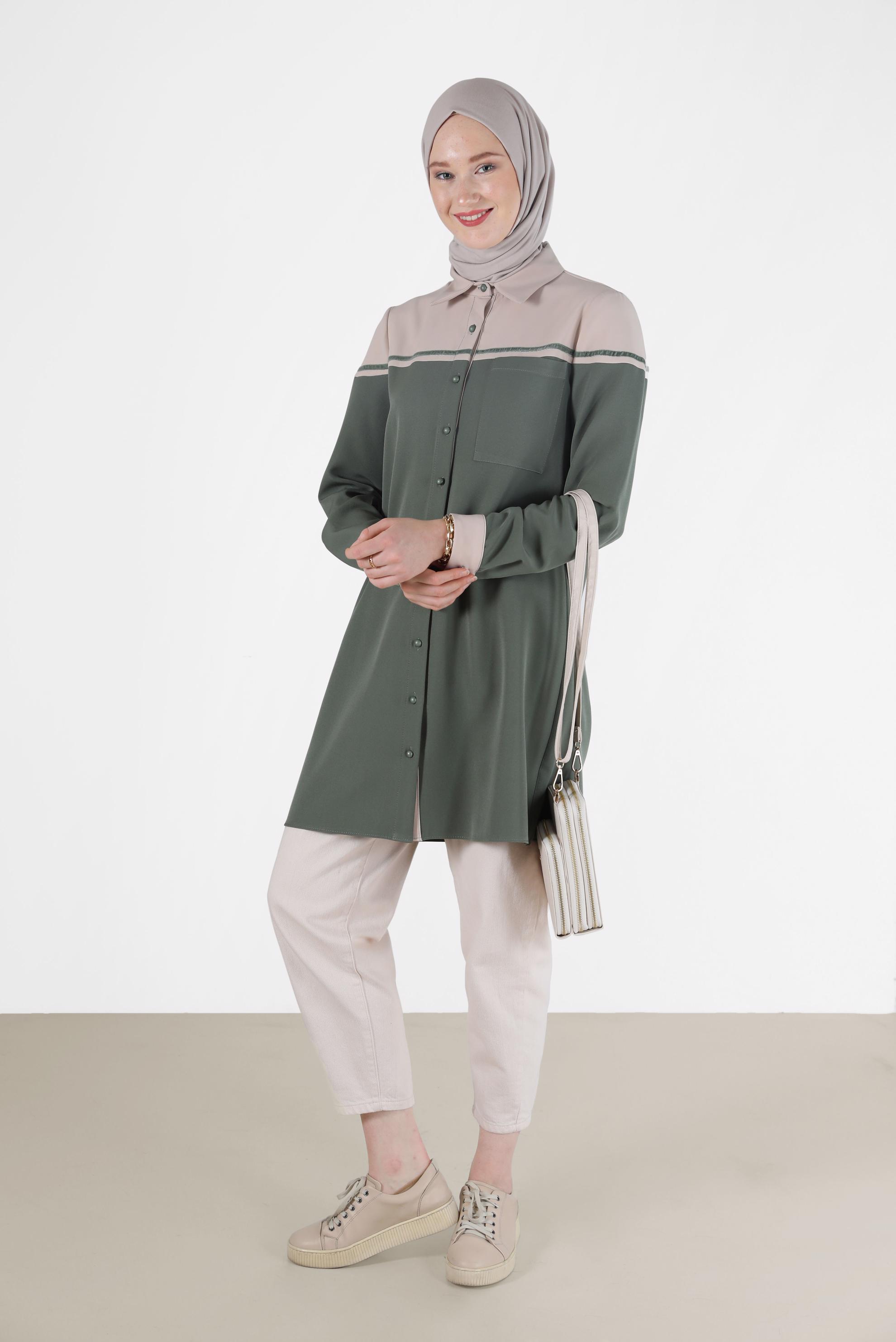 Tesettür giyim YEŞİL İKİ RENK DÜĞMELİ TUNİK 42213