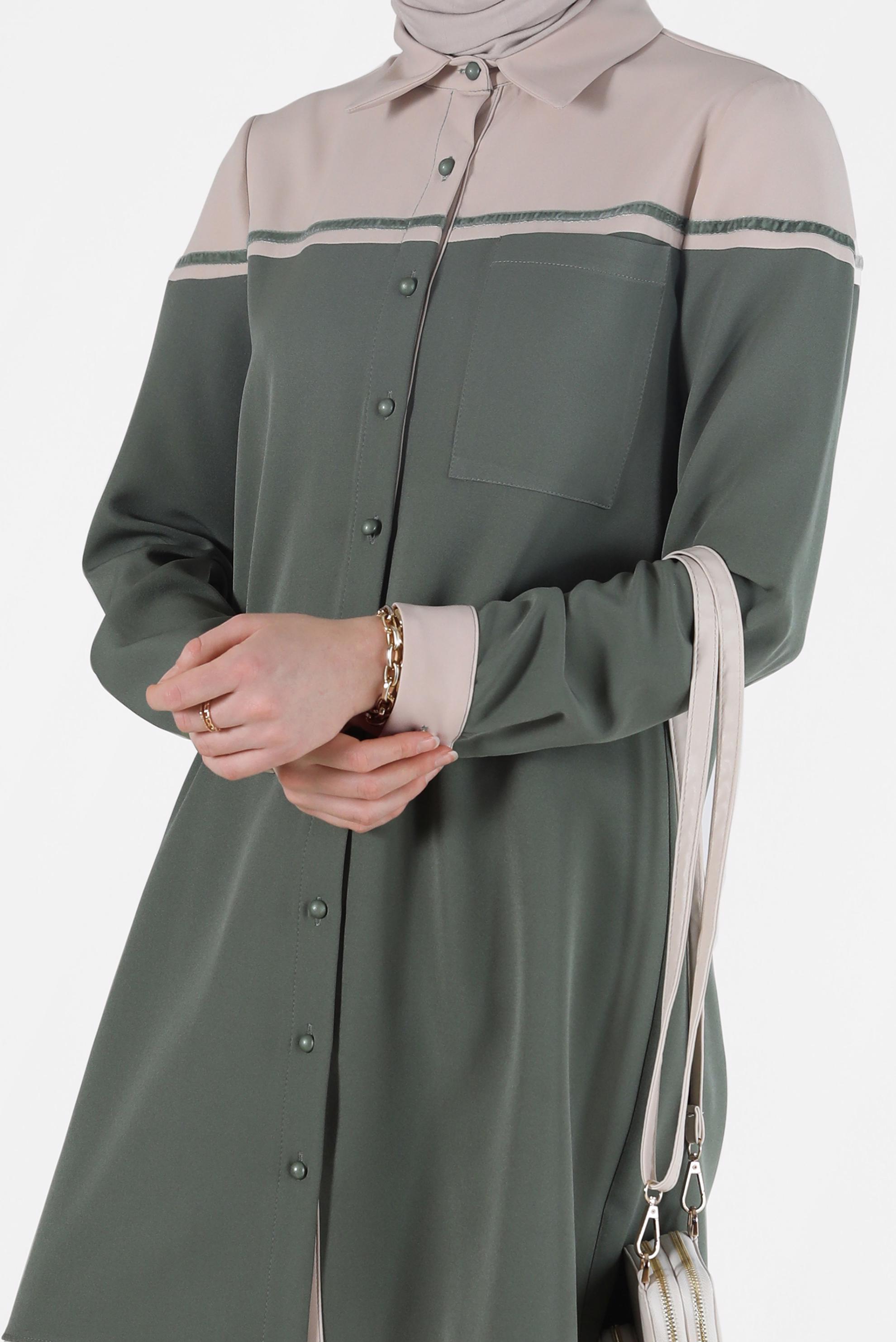 Tesettür giyim YEŞİL İKİ RENK DÜĞMELİ TUNİK 42213