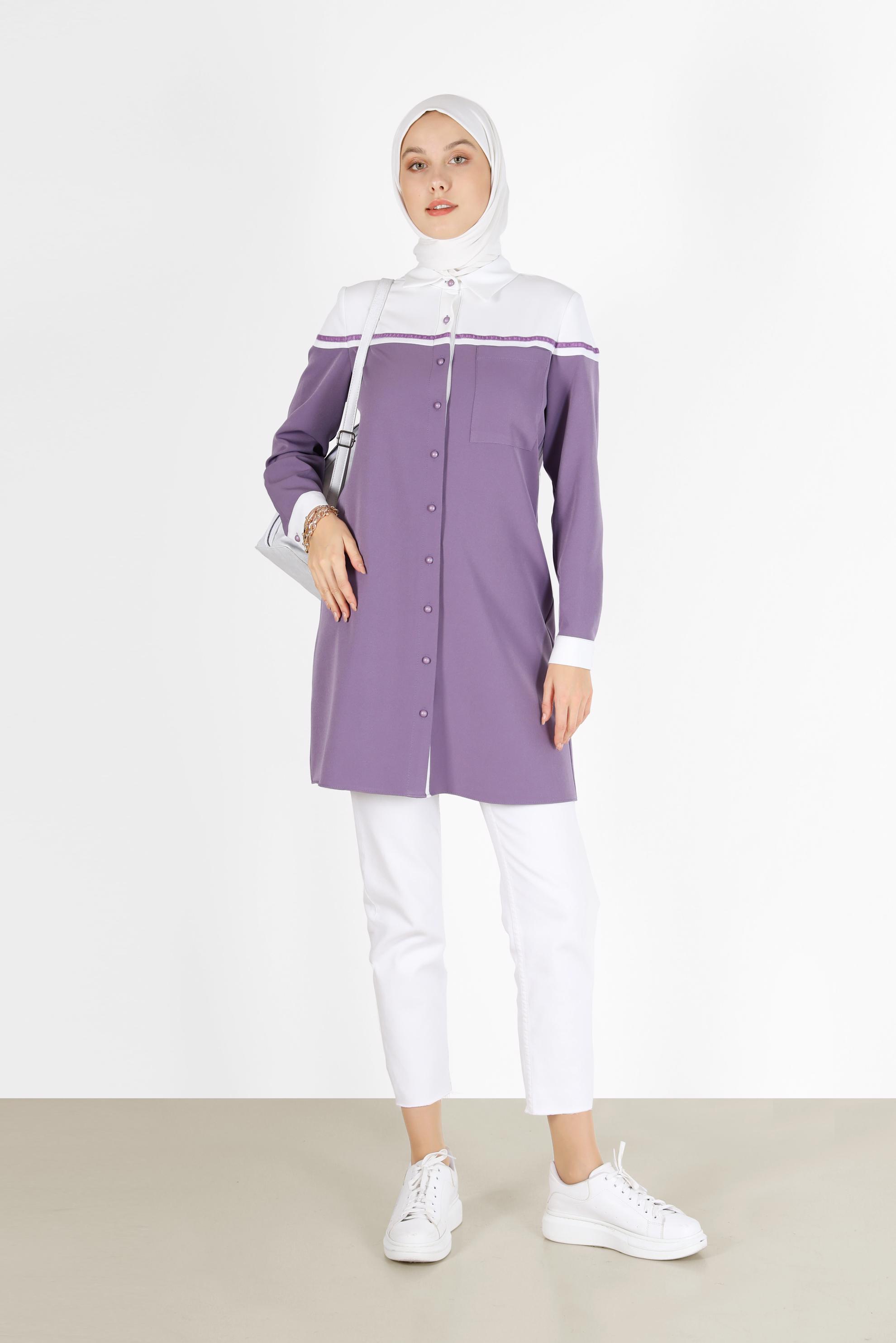 Tesettür giyim MOR İKİ RENK DÜĞMELİ TUNİK 42213