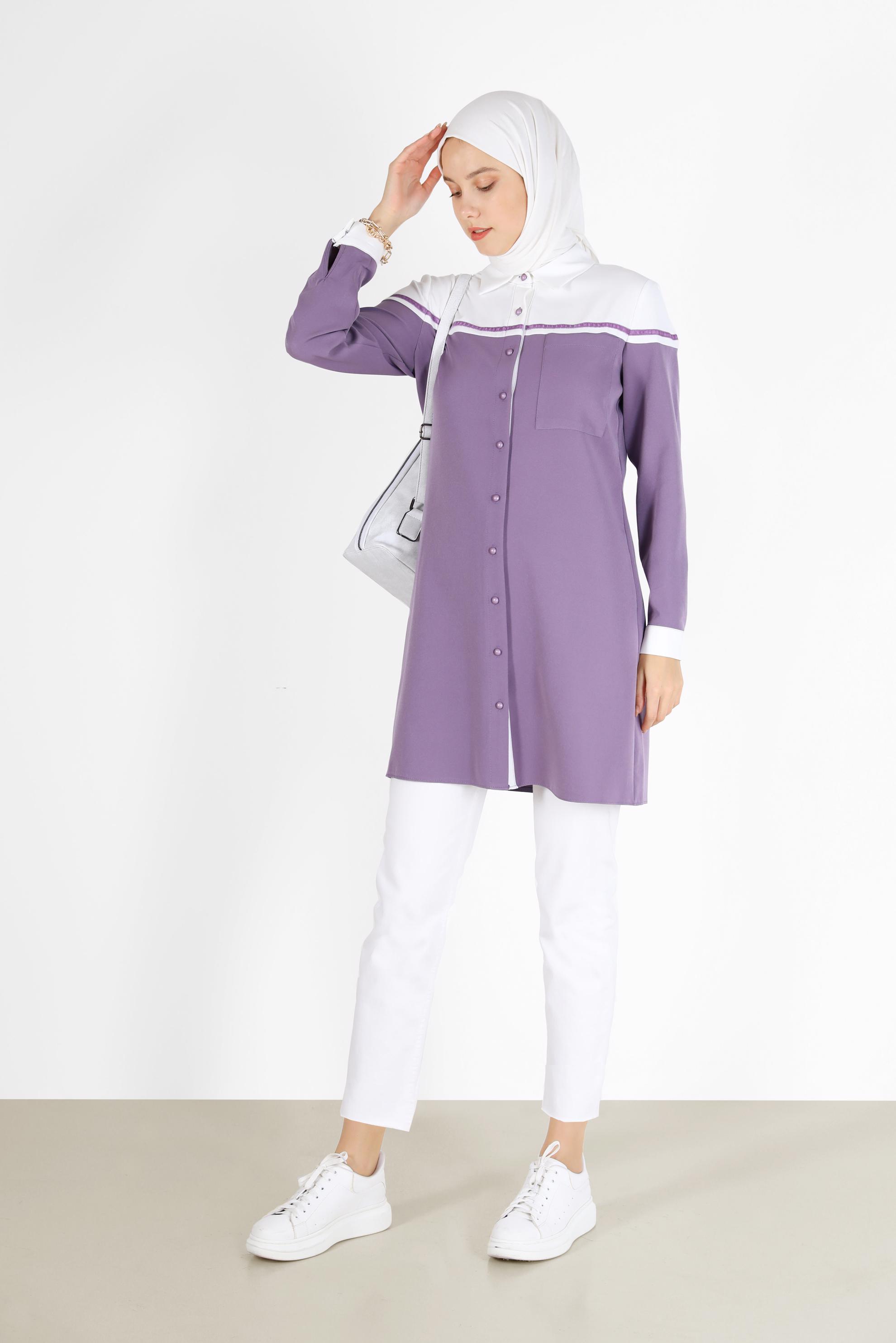 Tesettür giyim MOR İKİ RENK DÜĞMELİ TUNİK 42213
