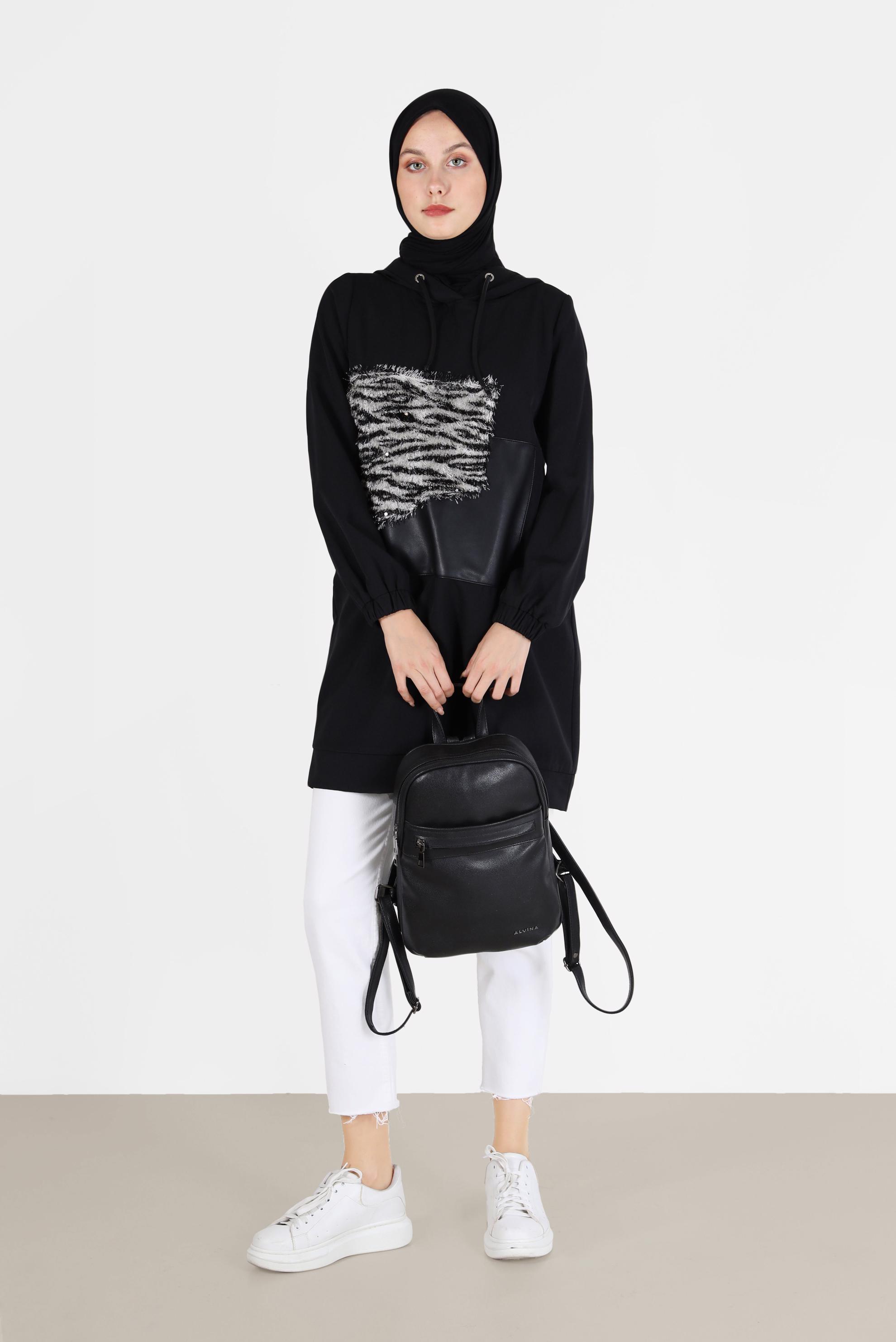 Tesettür giyim SİYAH LEOPAR DESEN DETAYLI MANŞETLERİ LASTİKLİ TUNİK 42218 