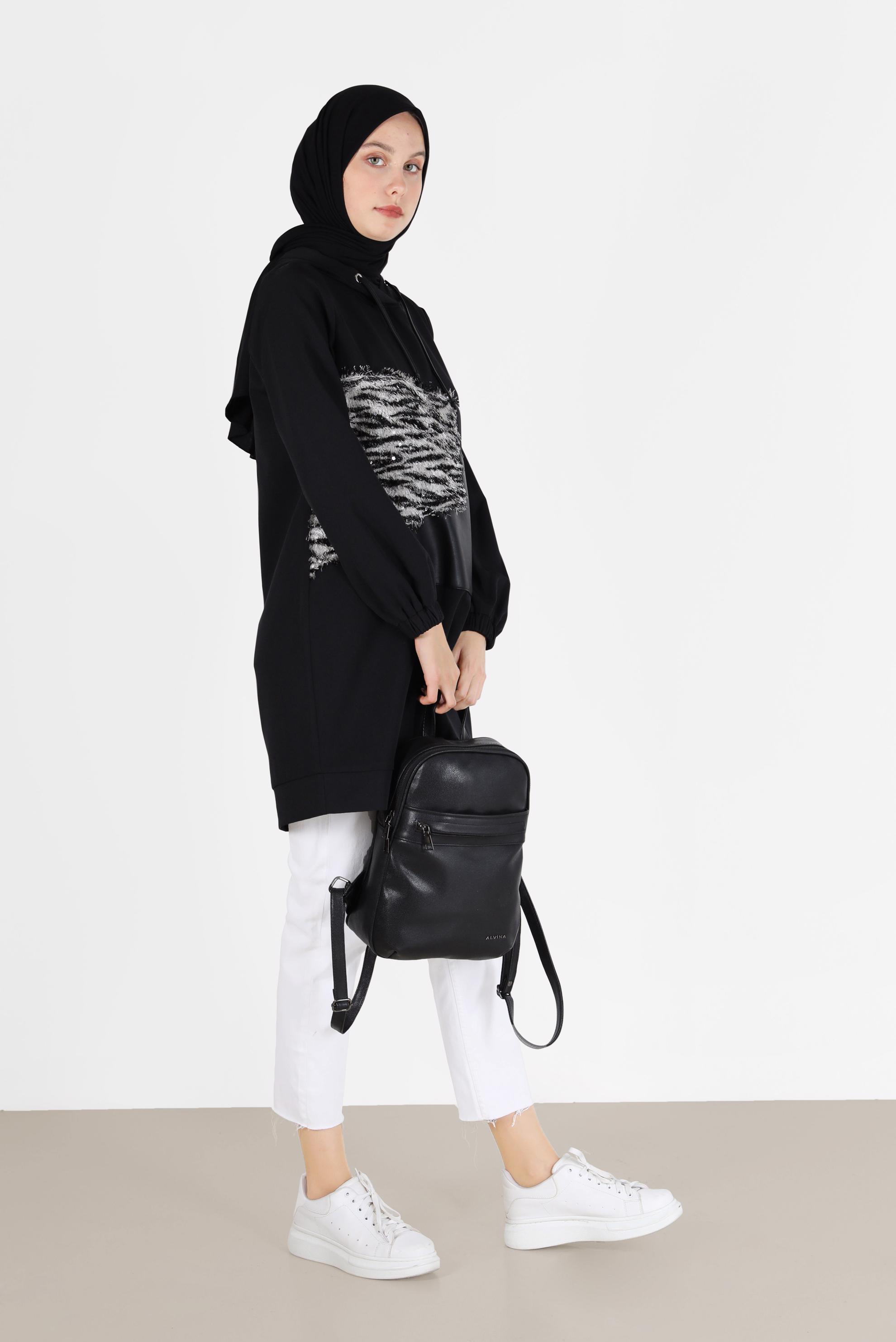 Tesettür giyim SİYAH LEOPAR DESEN DETAYLI MANŞETLERİ LASTİKLİ TUNİK 42218 