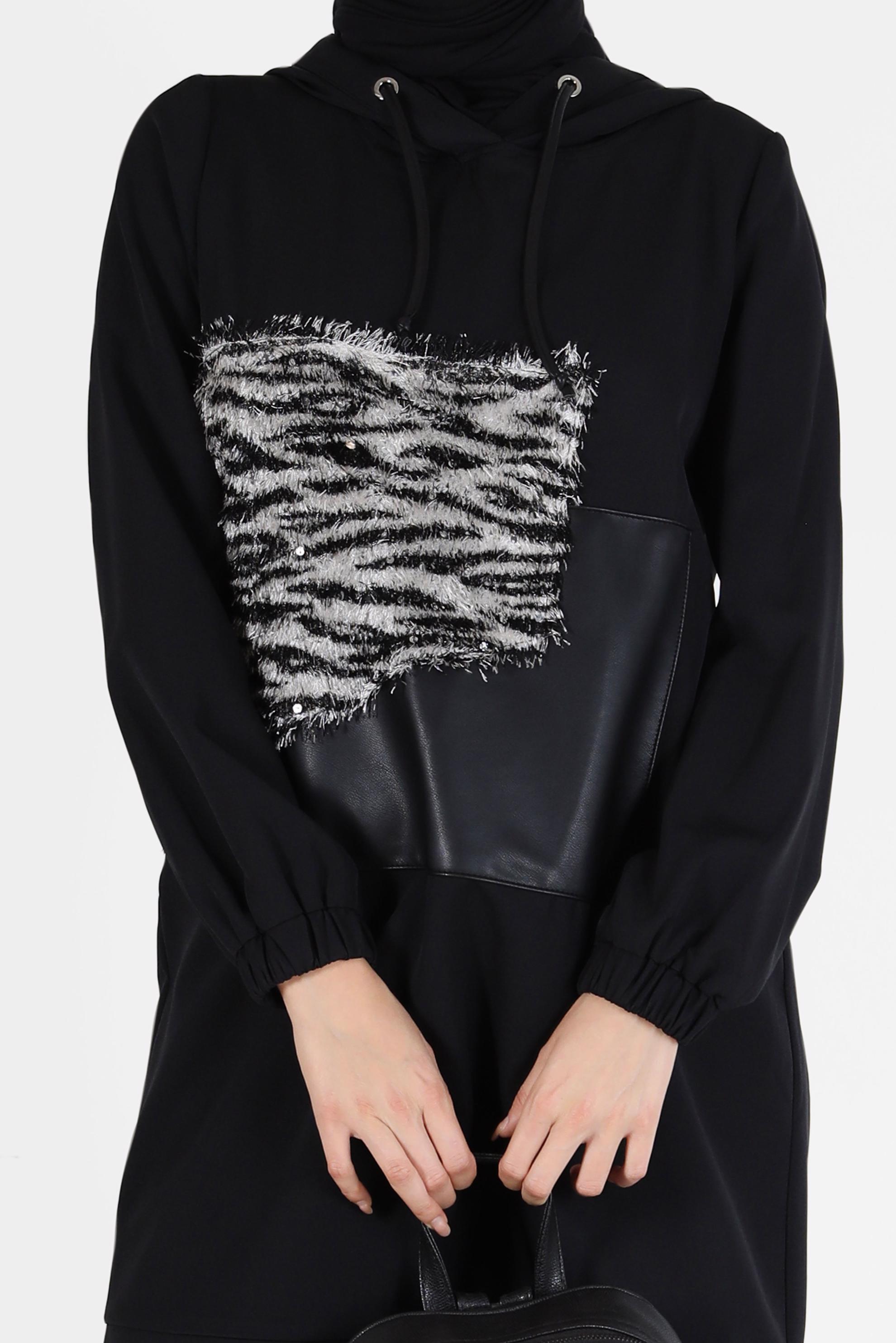 Tesettür giyim SİYAH LEOPAR DESEN DETAYLI MANŞETLERİ LASTİKLİ TUNİK 42218 