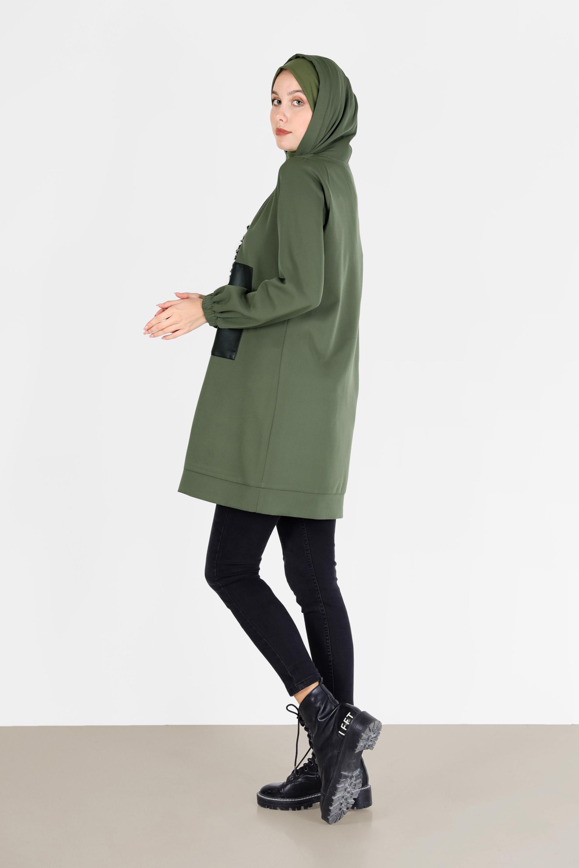 Tesettür giyim HAKİ LEOPAR DESEN DETAYLI MANŞETLERİ LASTİKLİ TUNİK 42218 