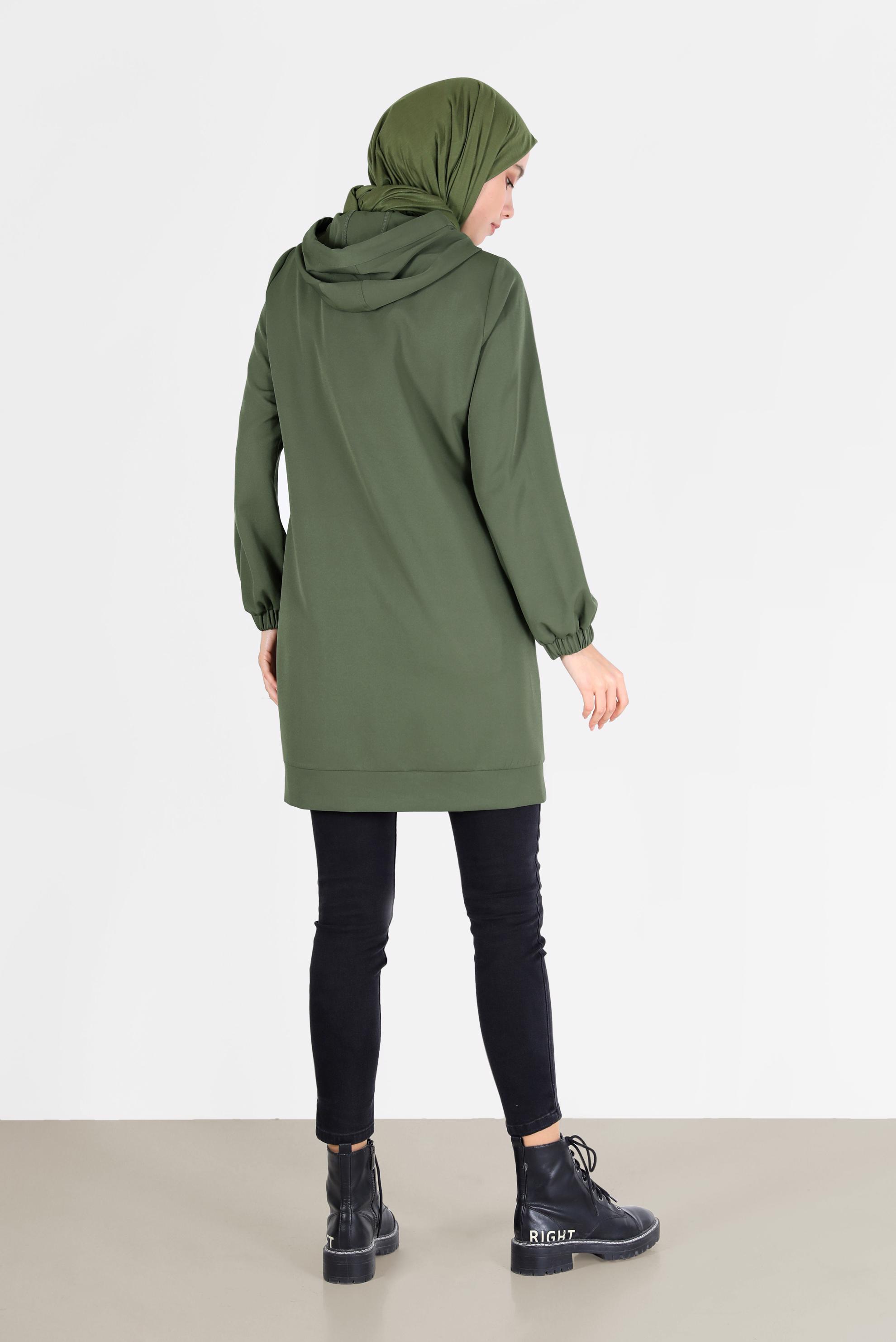 Tesettür giyim HAKİ LEOPAR DESEN DETAYLI MANŞETLERİ LASTİKLİ TUNİK 42218 