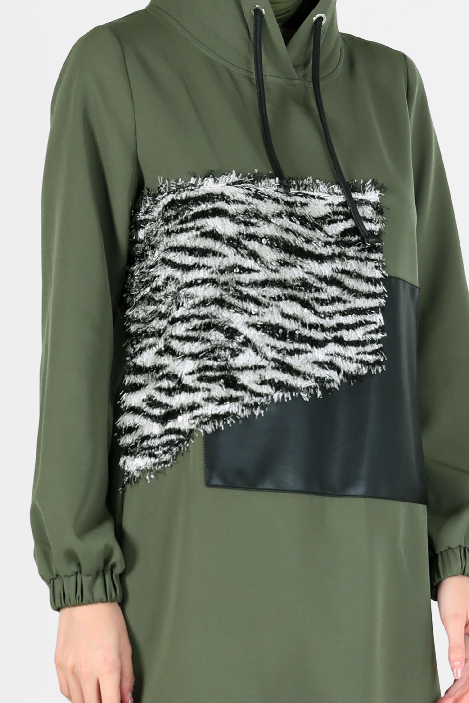 Tesettür giyim HAKİ LEOPAR DESEN DETAYLI MANŞETLERİ LASTİKLİ TUNİK 42218 