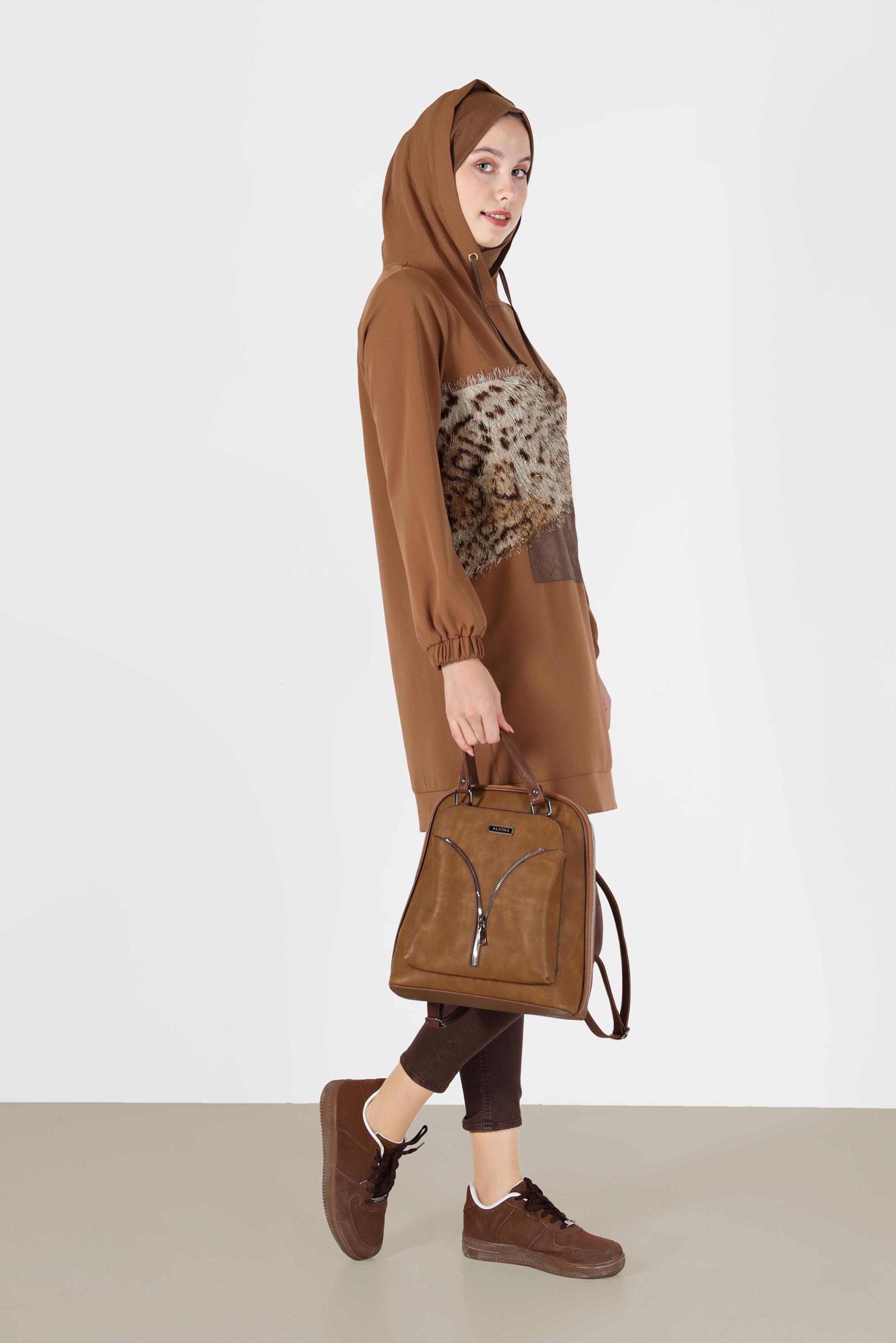 Tesettür giyim KAHVE LEOPAR DESEN DETAYLI MANŞETLERİ LASTİKLİ TUNİK 42218 