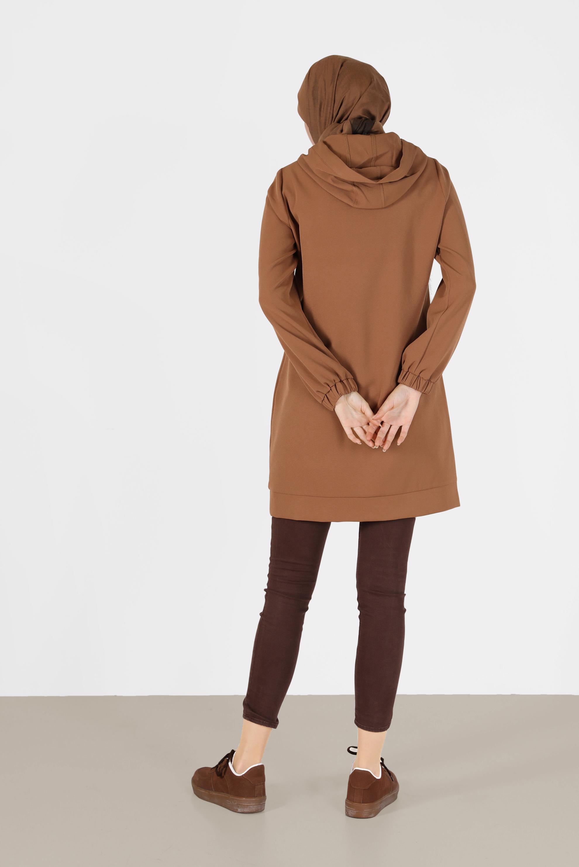 Tesettür giyim KAHVE LEOPAR DESEN DETAYLI MANŞETLERİ LASTİKLİ TUNİK 42218 